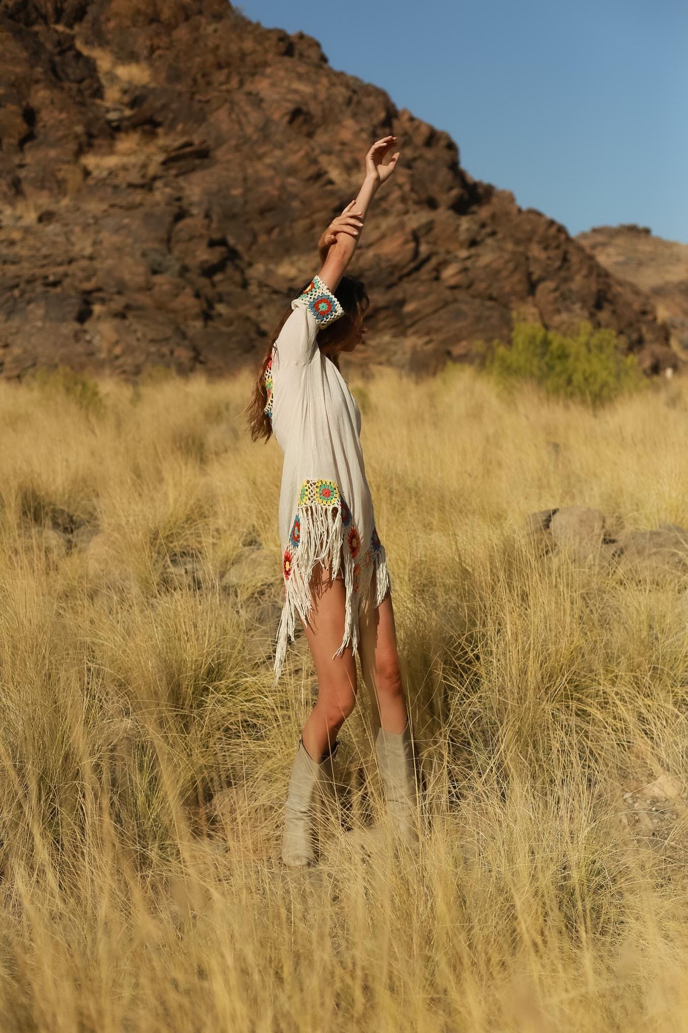 Sheer Boho Fringe Dress with Crochet Granny Square Detail – Festival Tunic Style, Size USA 6–8