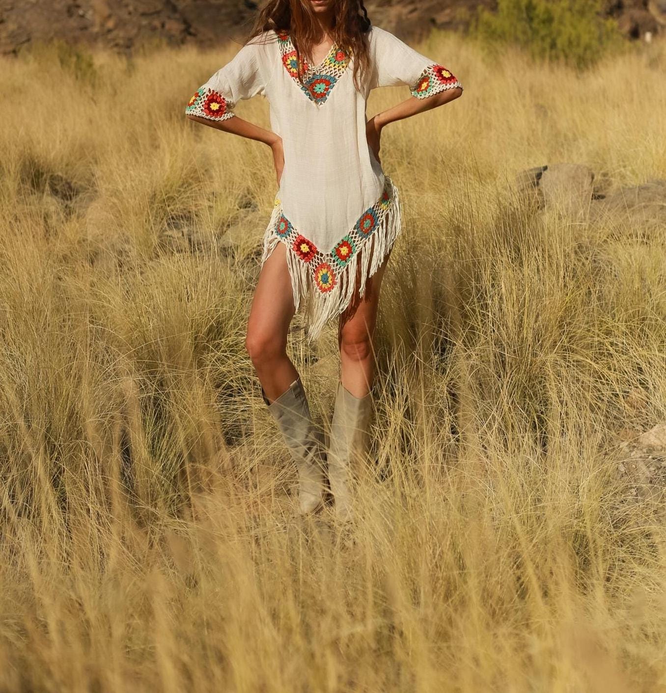 Sheer Boho Fringe Dress with Crochet Granny Square Detail – Festival Tunic Style, Size USA 6–8