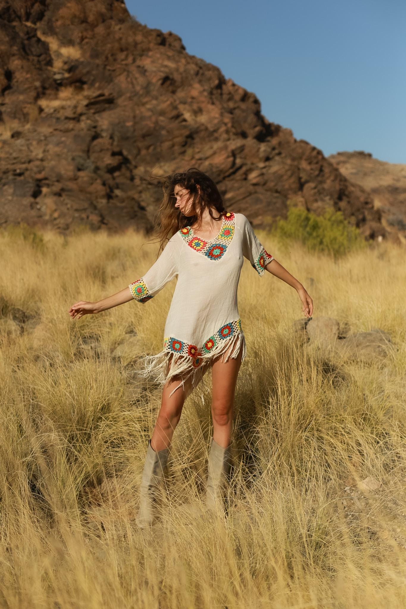 Sheer Boho Fringe Dress with Crochet Granny Square Detail – Festival Tunic Style, Size USA 6–8