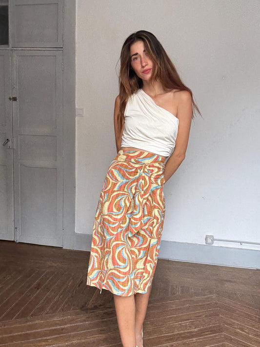 Natura vintage swirl print midi skirt – size M, 100% cotton, Y2K aesthetic, back zipper, front tie detail