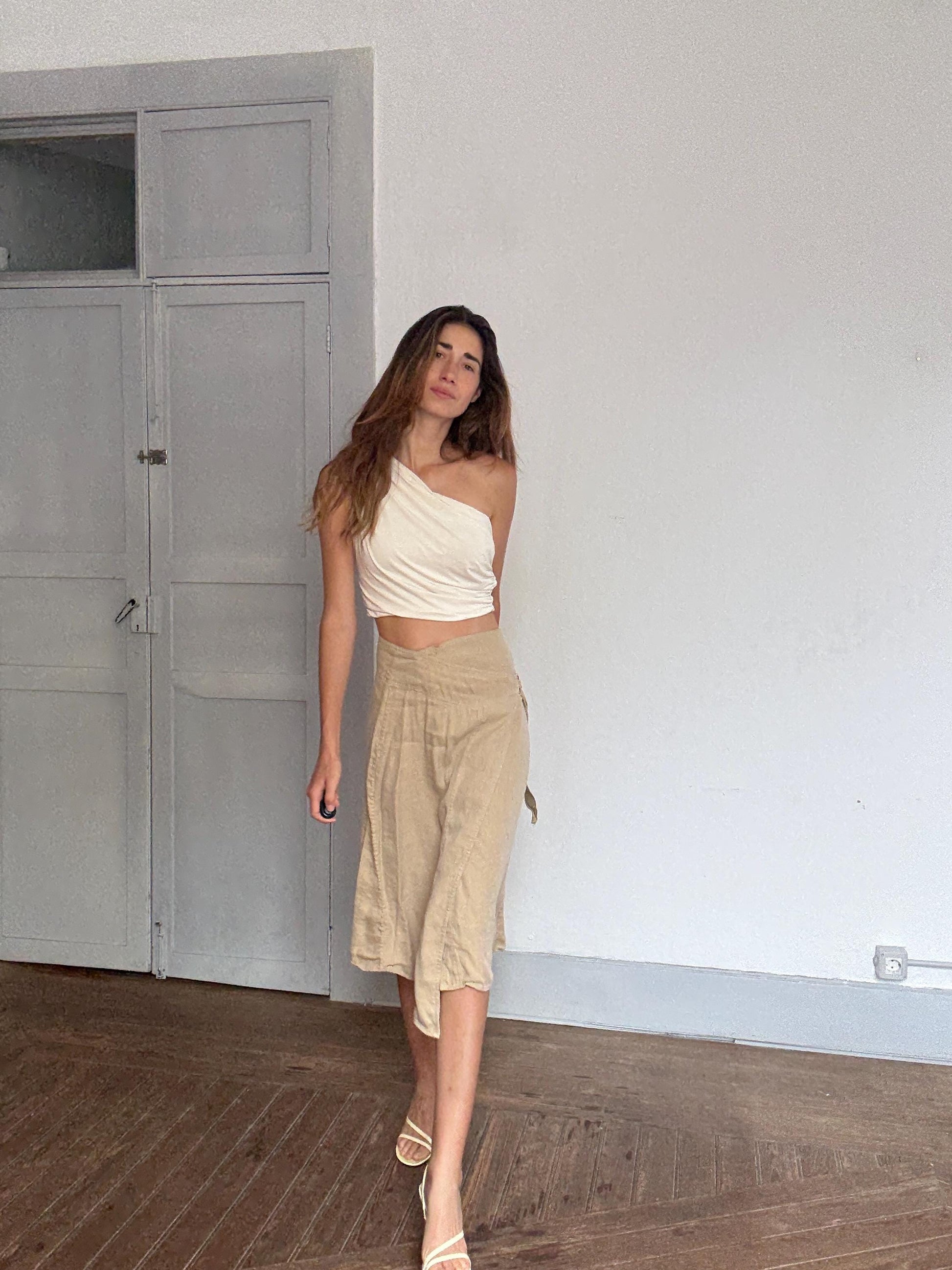 Massimo Dutti linen blend wrap skirt – XS/S, adjustable buckle, high slit, 53% linen, neutral beige midi skirt