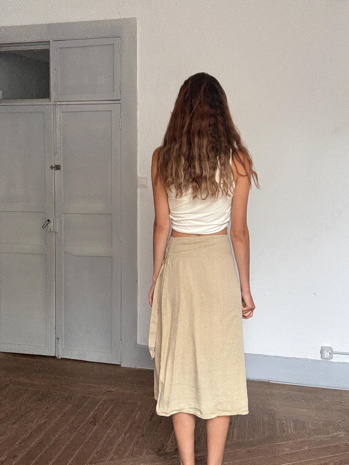 Massimo Dutti linen blend wrap skirt – XS/S, adjustable buckle, high slit, 53% linen, neutral beige midi skirt