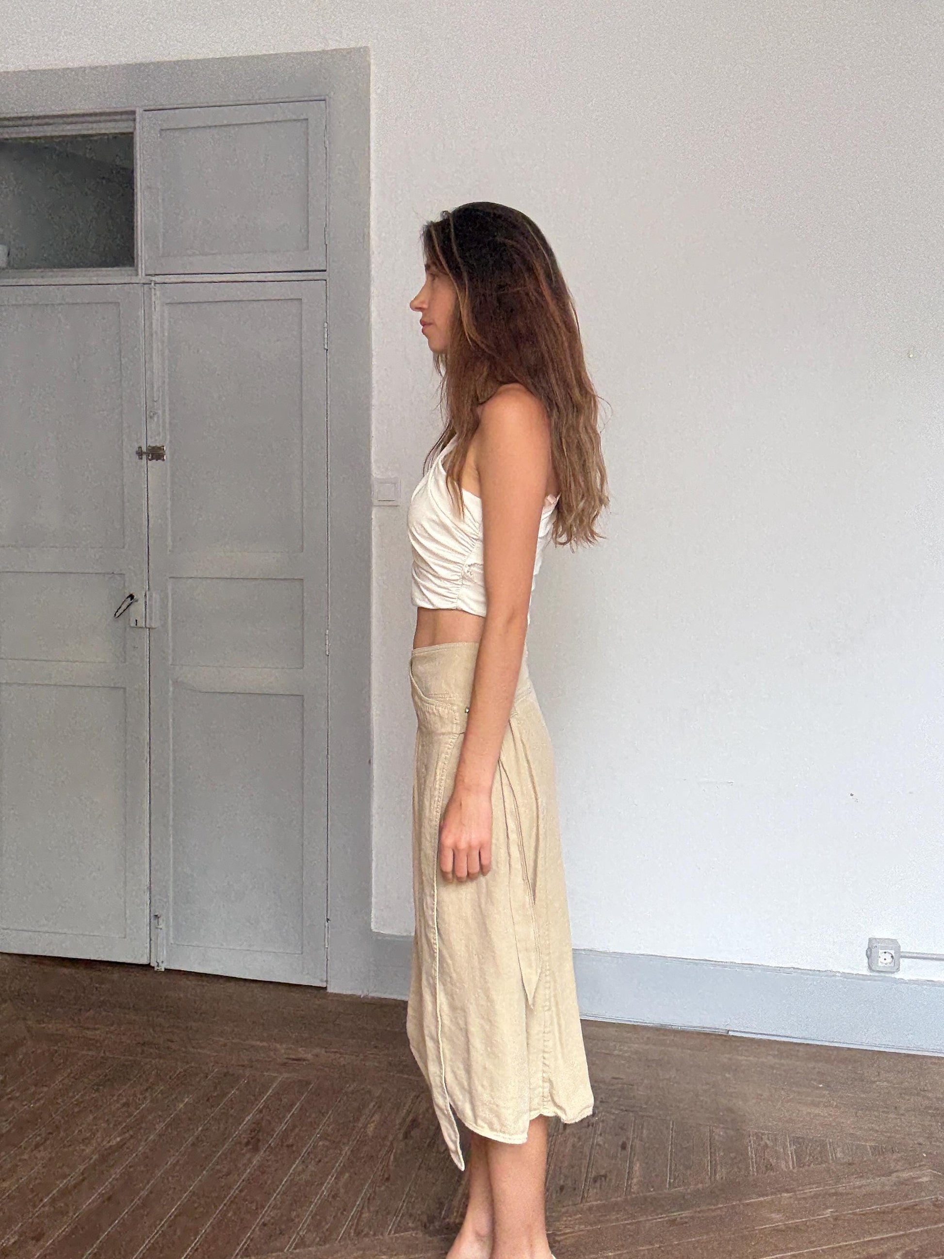 Massimo Dutti linen blend wrap skirt – XS/S, adjustable buckle, high slit, 53% linen, neutral beige midi skirt
