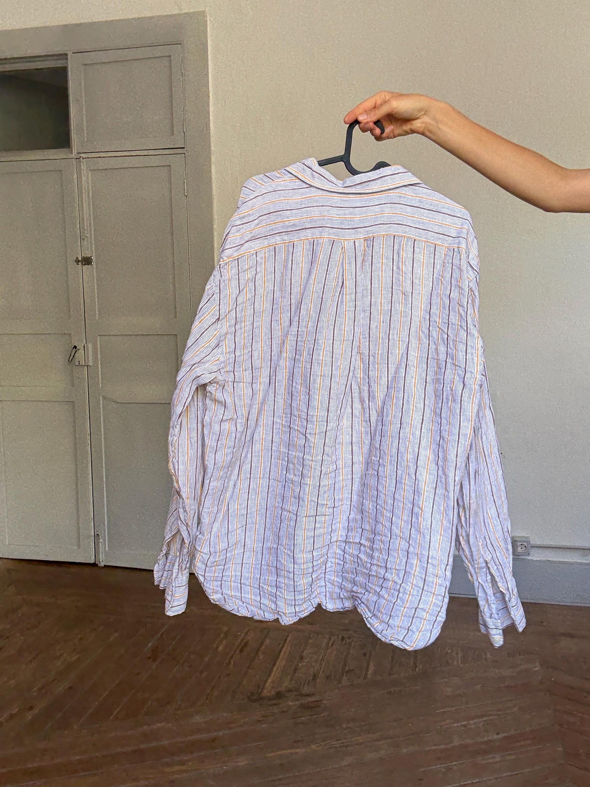 Pedro del Hierro 100% linen striped shirt – men’s XL / T-5, unisex fit, pastel yellow & brown, lightweight summer button-up