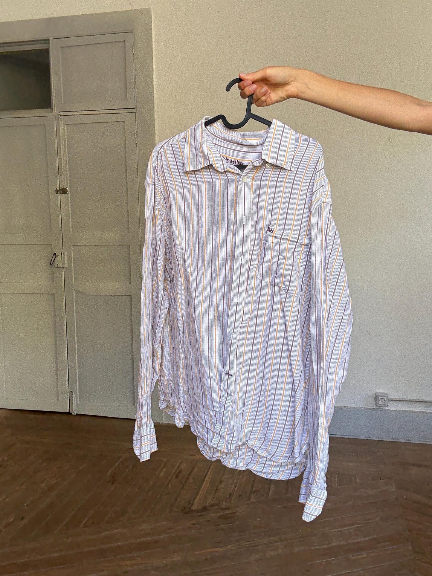 Pedro del Hierro 100% linen striped shirt – men’s XL / T-5, unisex fit, pastel yellow & brown, lightweight summer button-up