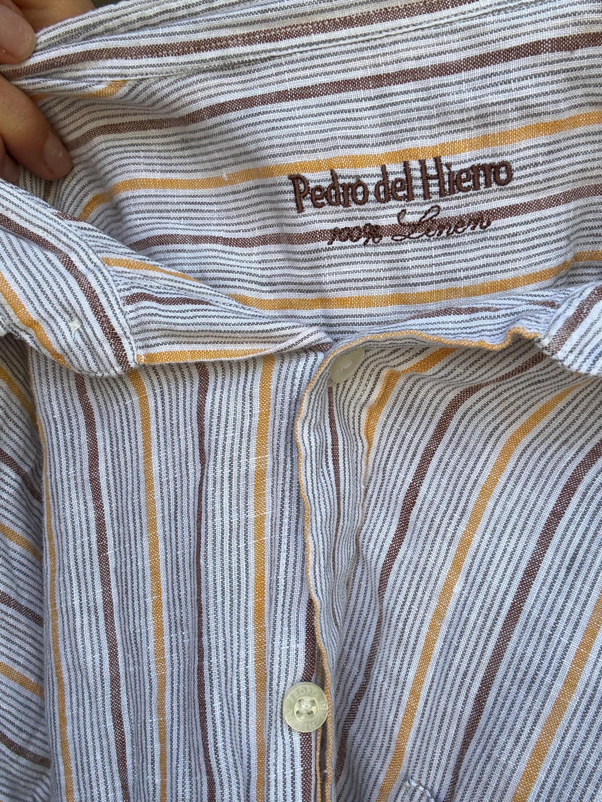 Pedro del Hierro 100% linen striped shirt – men’s XL / T-5, unisex fit, pastel yellow & brown, lightweight summer button-up