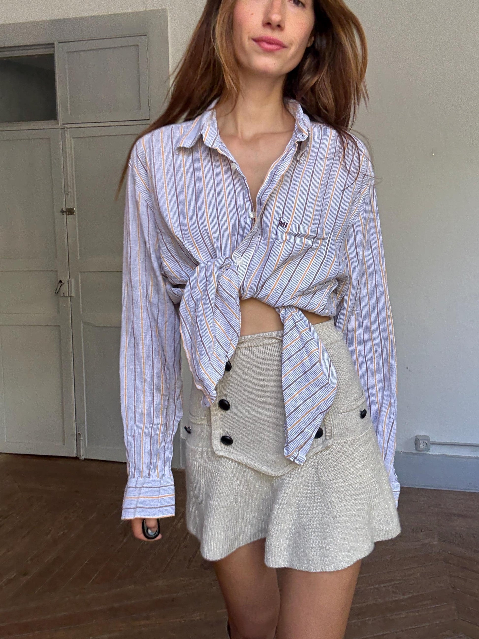 Pedro del Hierro 100% linen striped shirt – men’s XL / T-5, unisex fit, pastel yellow & brown, lightweight summer button-up