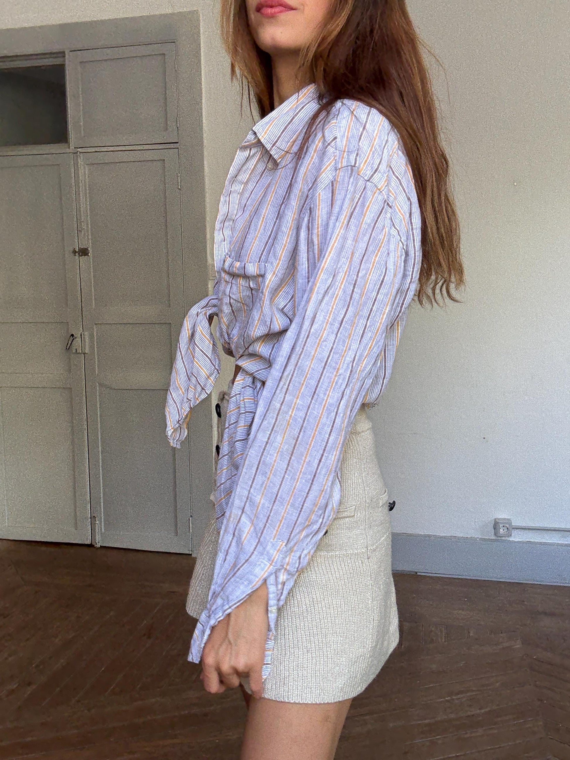 Pedro del Hierro 100% linen striped shirt – men’s XL / T-5, unisex fit, pastel yellow & brown, lightweight summer button-up
