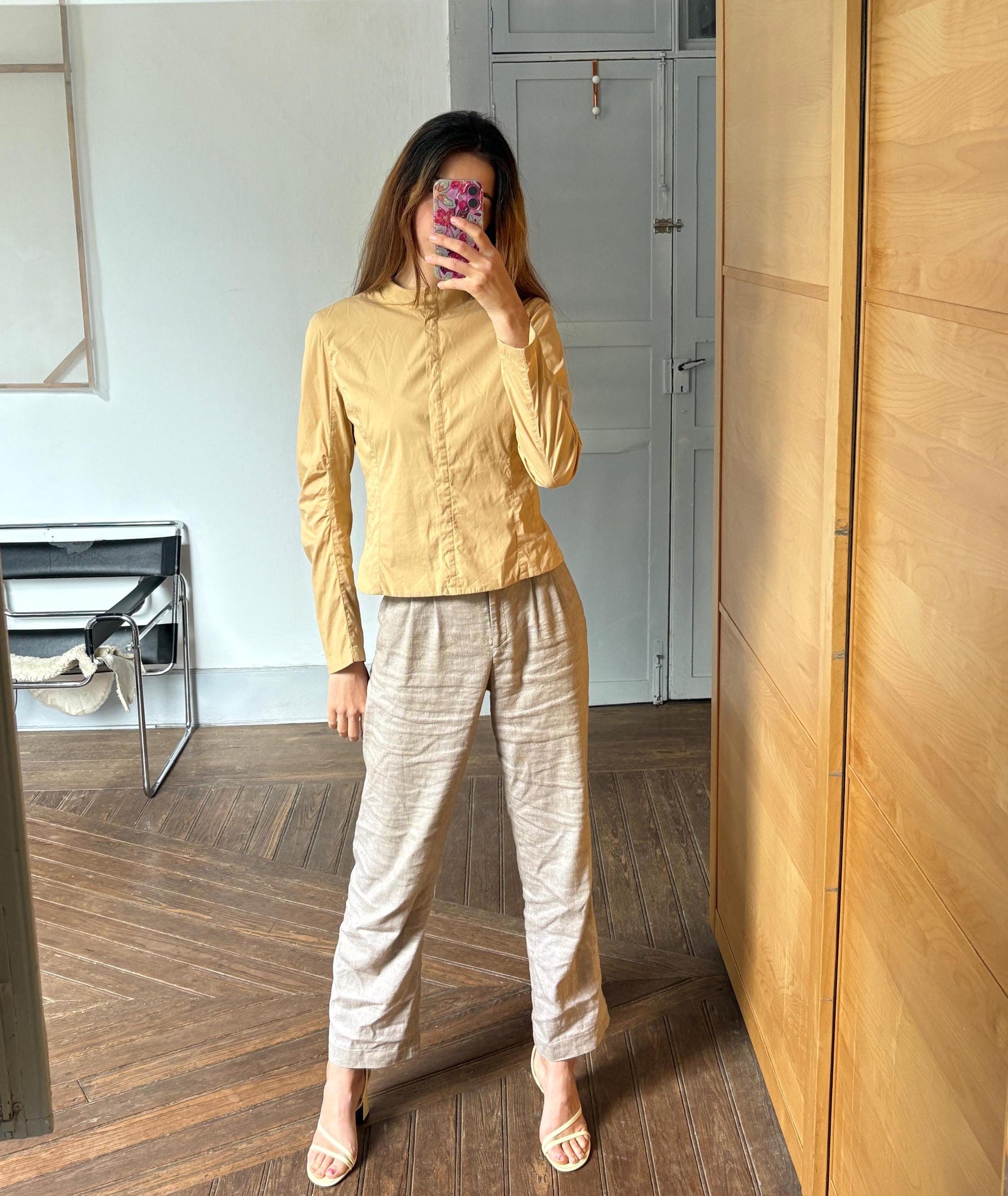 Vintage Strenesse blue beige modern fit woman shirt, minimalist button up shirt, mock neck long sleeve shirt, S