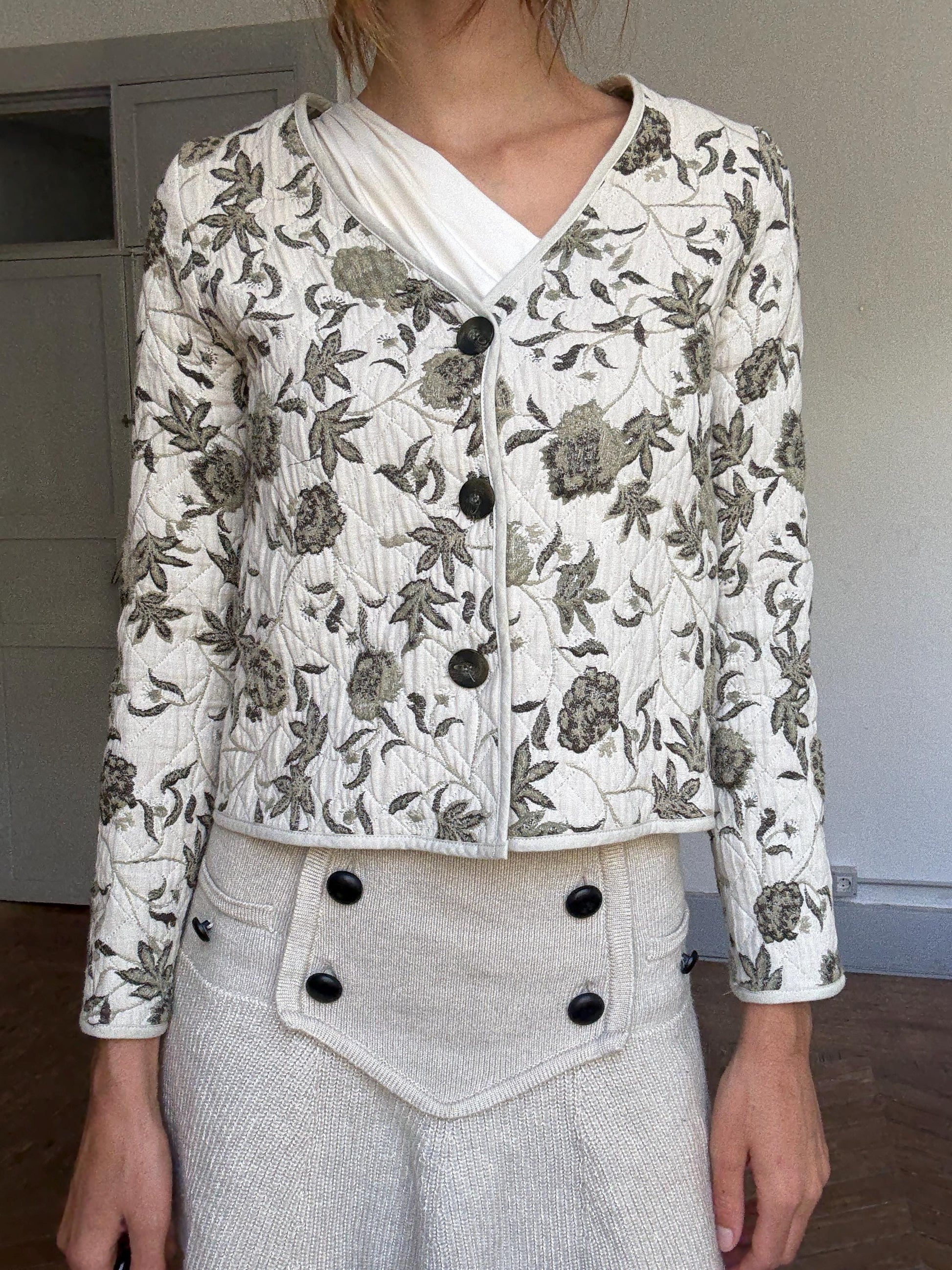 Floral Quilted Jacket – Ese o Ese Spanish Embroidered Cotton Coat | Cottagecore Lightweight Blazer | Soft Botanical Print Jacket S