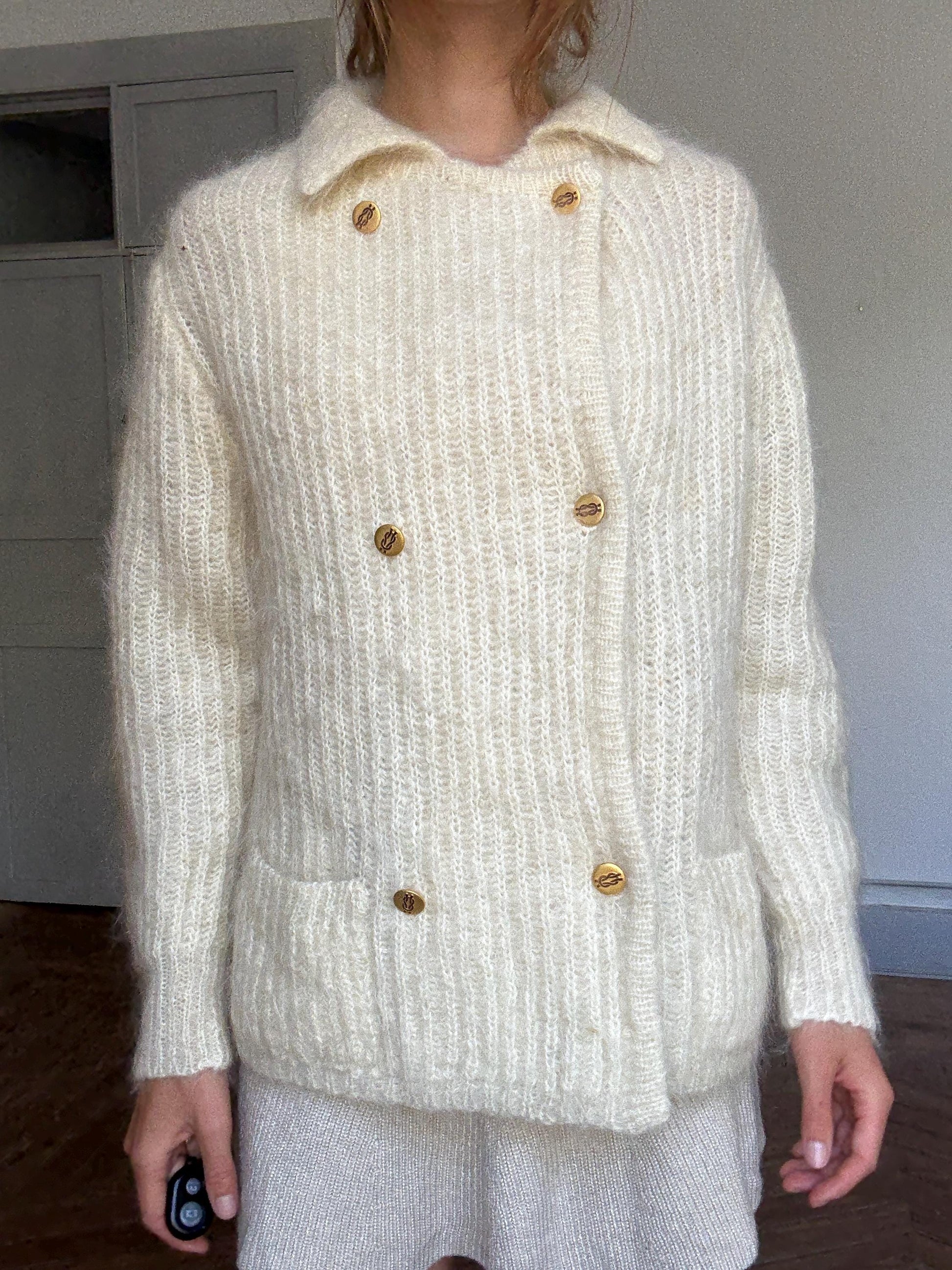 Vintage Cream Cardigan by Carmen Mir | Double-Breasted Knit with Gold Buttons | Size M-L