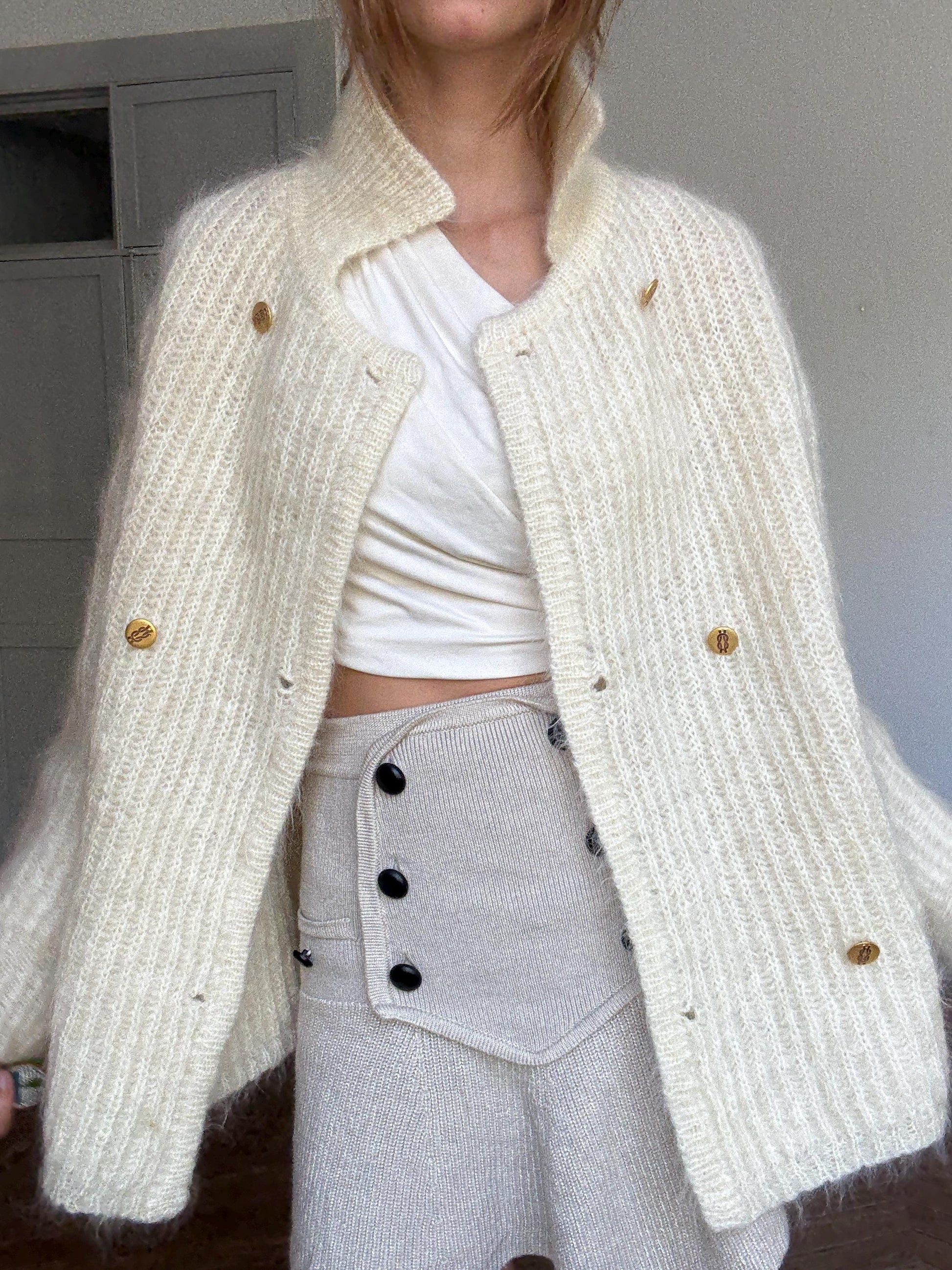 Vintage Cream Cardigan by Carmen Mir | Double-Breasted Knit with Gold Buttons | Size M-L