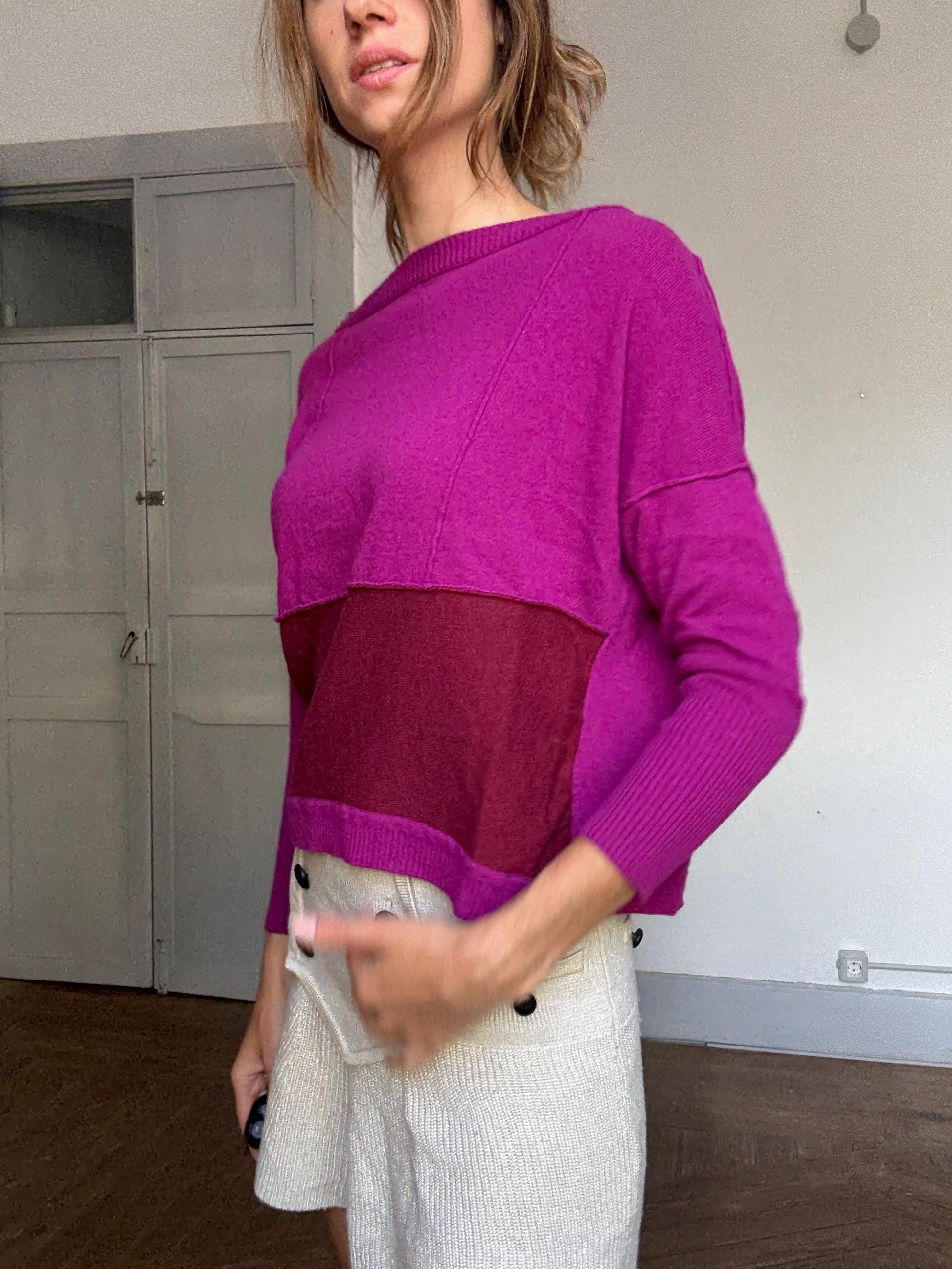 Italian Pink Colorblock Knit Sweater – Guardaroba Wool Cashmere Pullover – Vintage Y2K Inspired Minimalist Jumper – Made in Italy