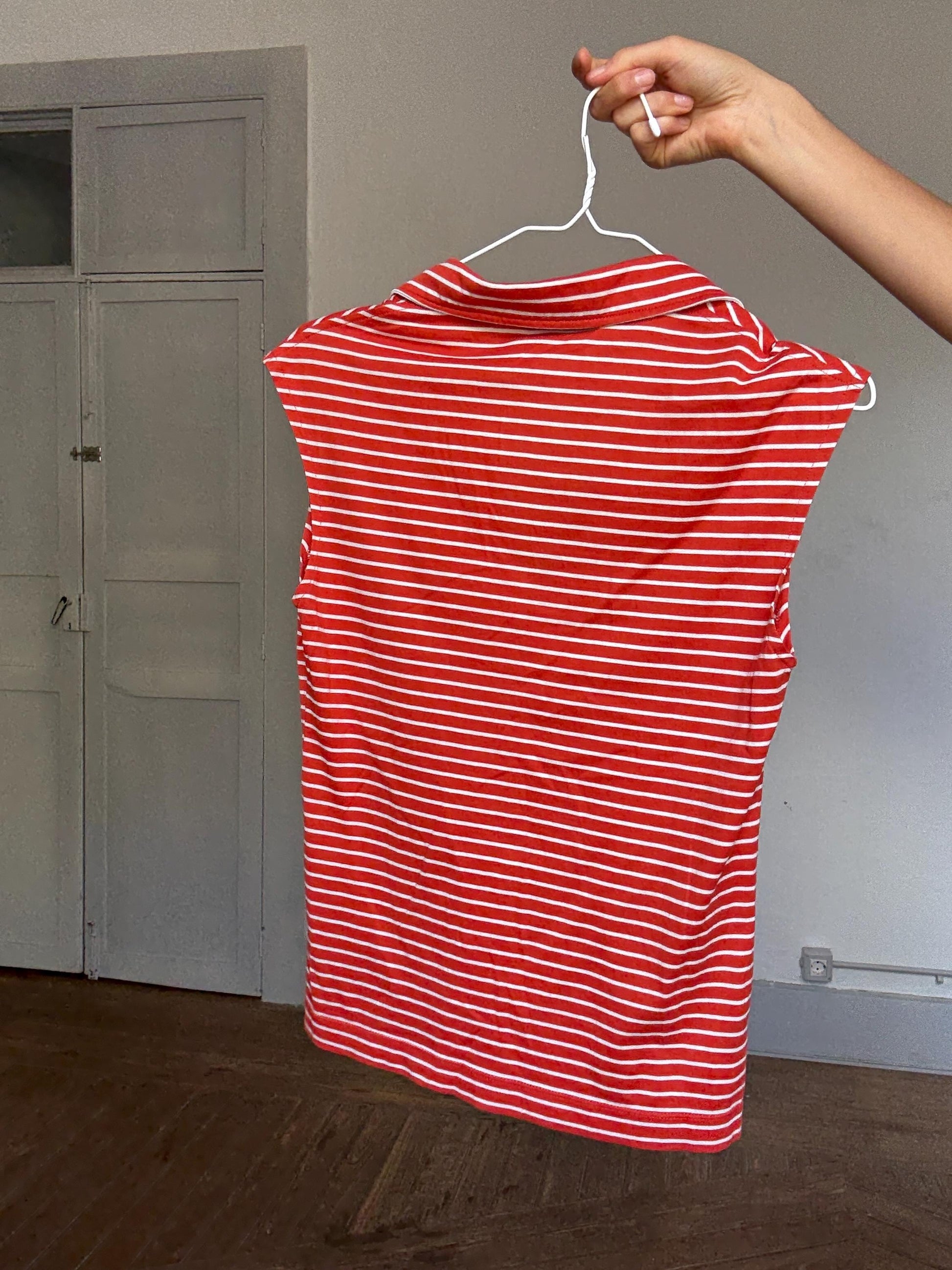 Vintage Lacoste Red Striped Sleeveless Polo Top – Tag Size 30 (Fits XS-S)