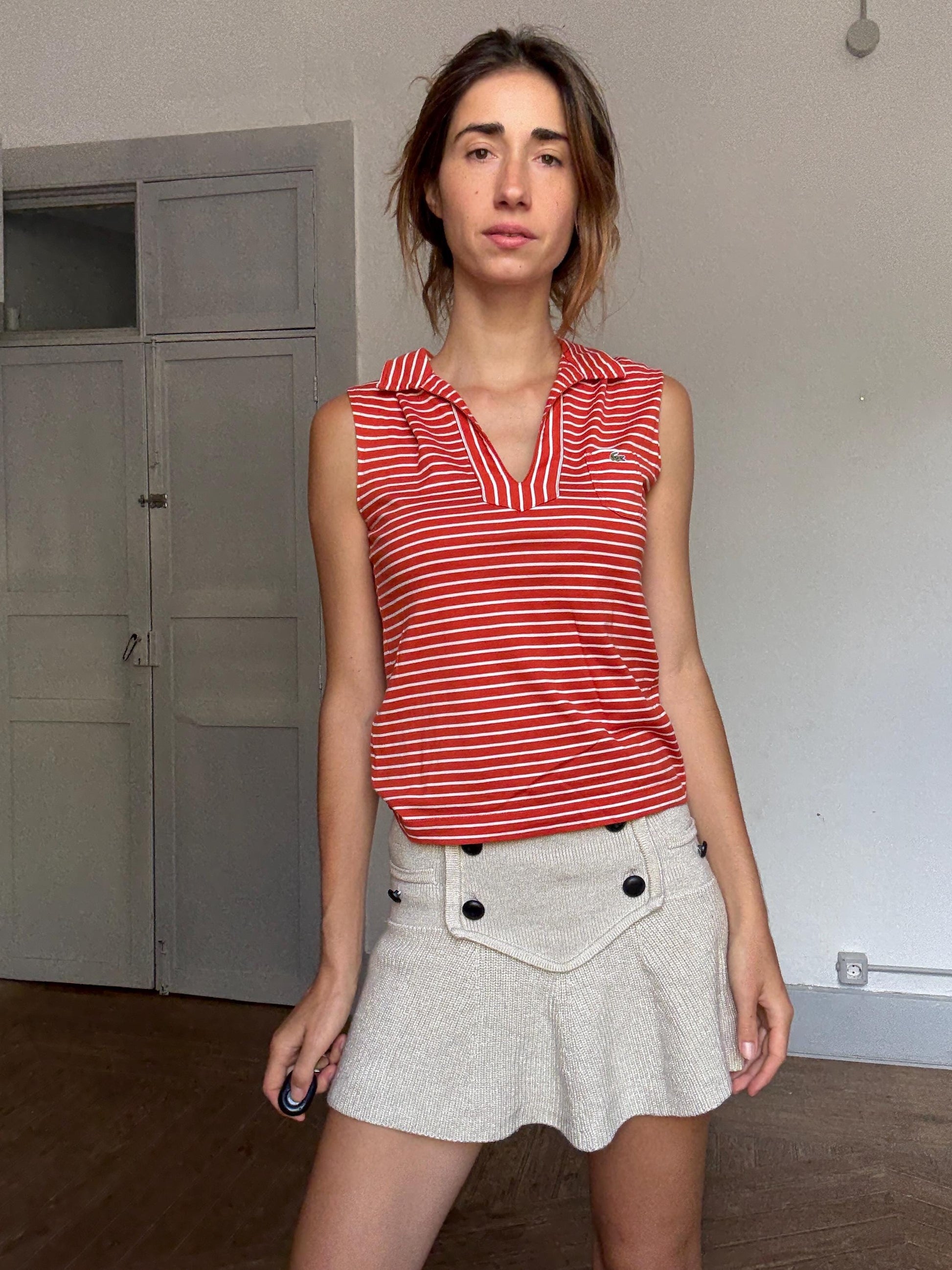 Vintage Lacoste Red Striped Sleeveless Polo Top – Tag Size 30 (Fits XS-S)