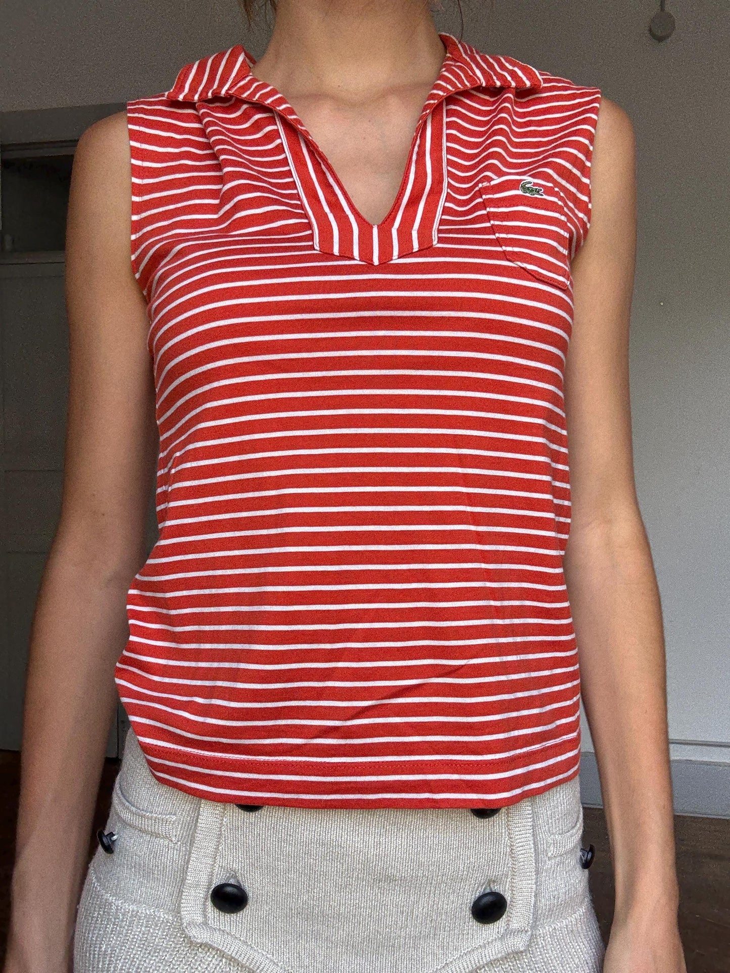 Vintage Lacoste Red Striped Sleeveless Polo Top – Tag Size 30 (Fits XS-S)