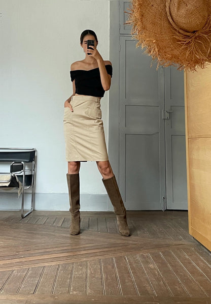 Beige Cotton High-Waist Pencil Skirt