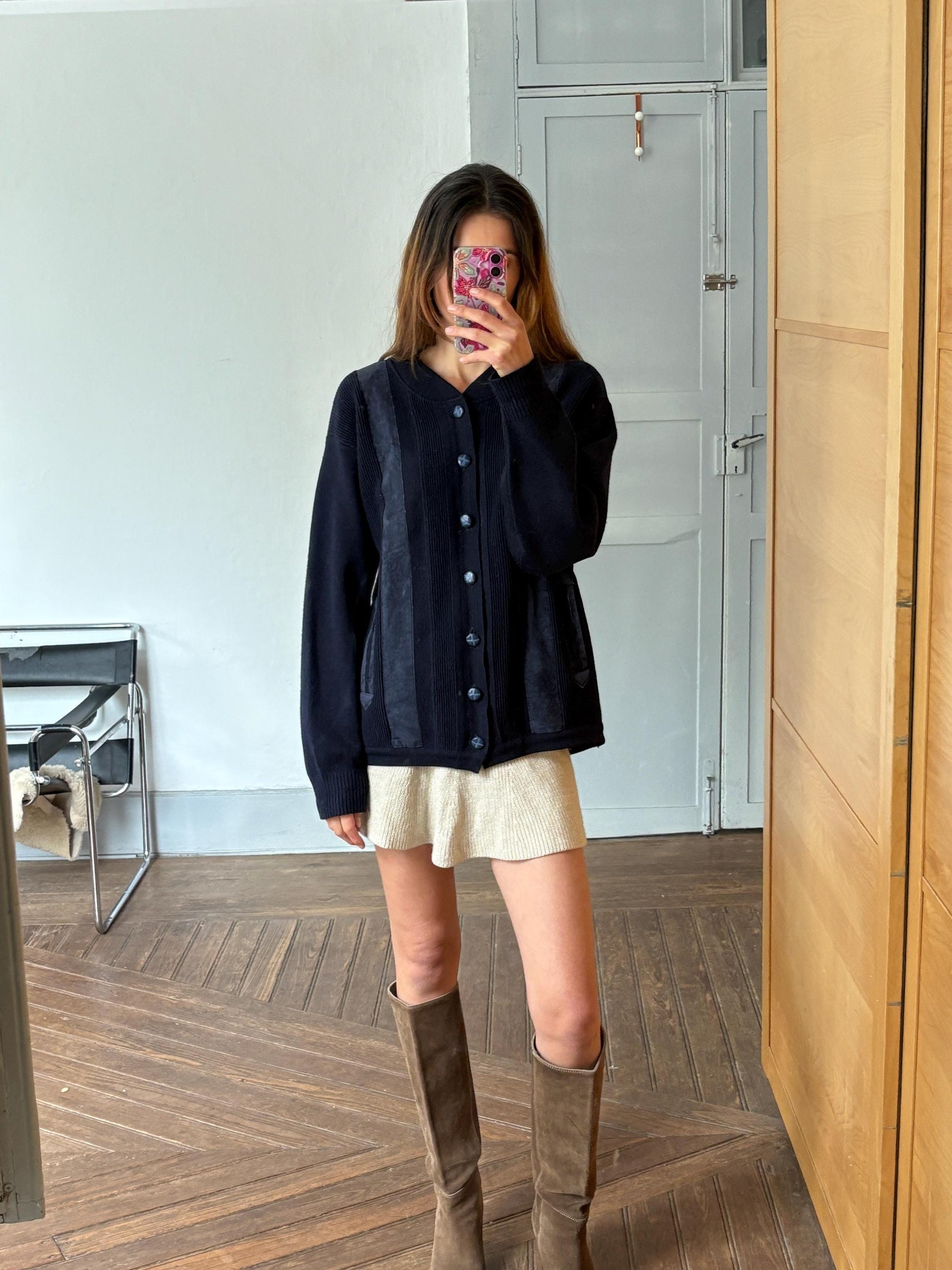 Navy blue vintage Men cardigan, Classic Dark Academia aesthetic jumper, Grandpa fashion winter knit wear