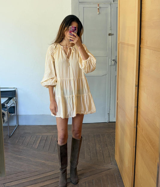 Short yellow and white cute striped mini dress with Puff sleeves, Scandic fashion piece of clothing, Unique short summer dress, Size S