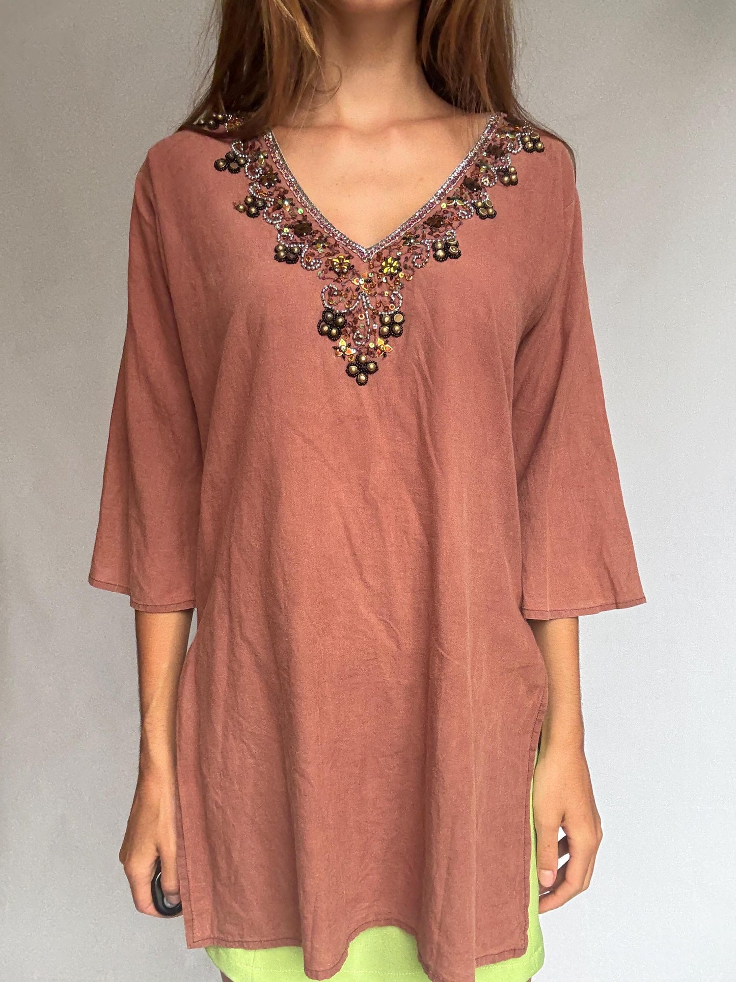 Beaded embellished cotton tunic by Hugo Samuel – rust brown boho v-neck top – 100% cotton – labeled L – detailed neckline