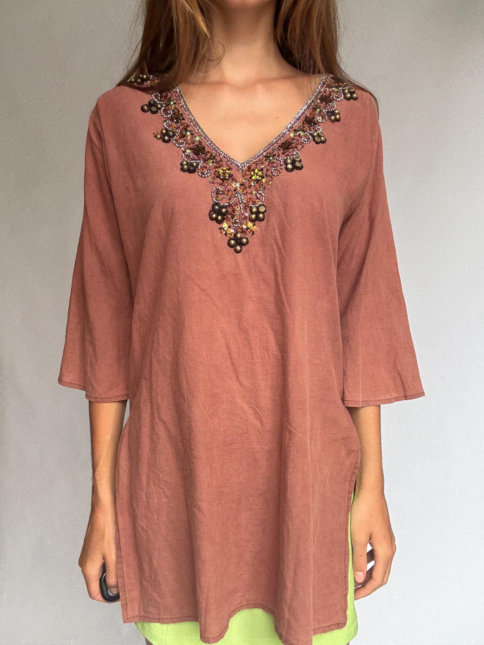 Beaded embellished cotton tunic by Hugo Samuel – rust brown boho v-neck top – 100% cotton – labeled L – detailed neckline