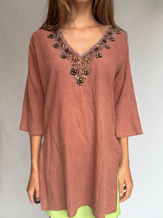 Beaded embellished cotton tunic by Hugo Samuel – rust brown boho v-neck top, L