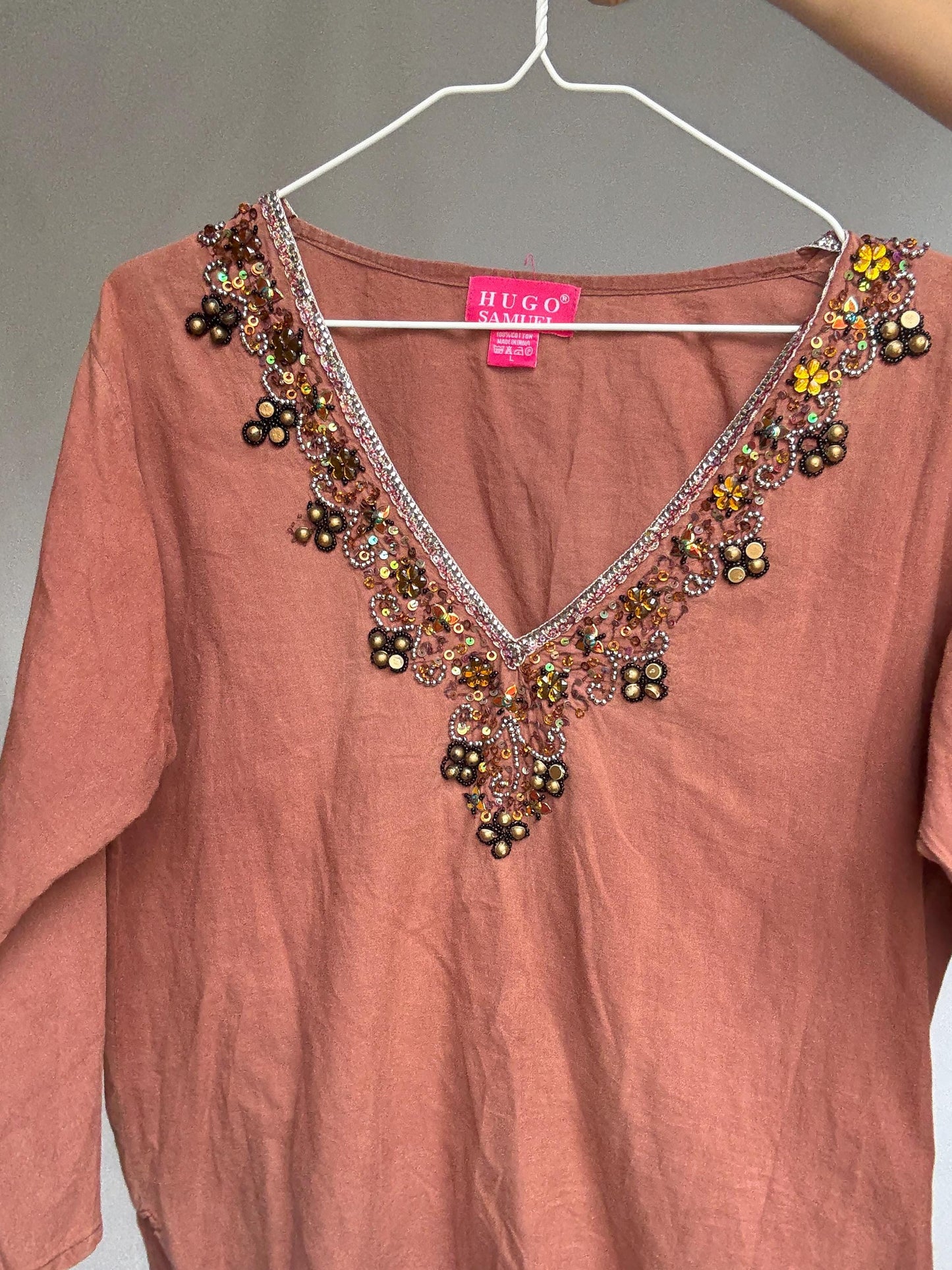 Beaded embellished cotton tunic by Hugo Samuel – rust brown boho v-neck top – 100% cotton – labeled L – detailed neckline