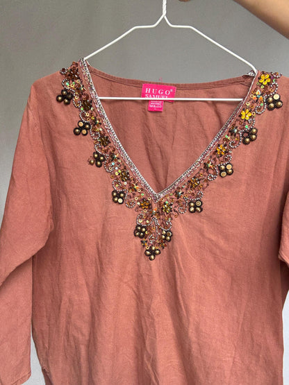 Rust Brown Beaded Cotton Tunic — additional view 8