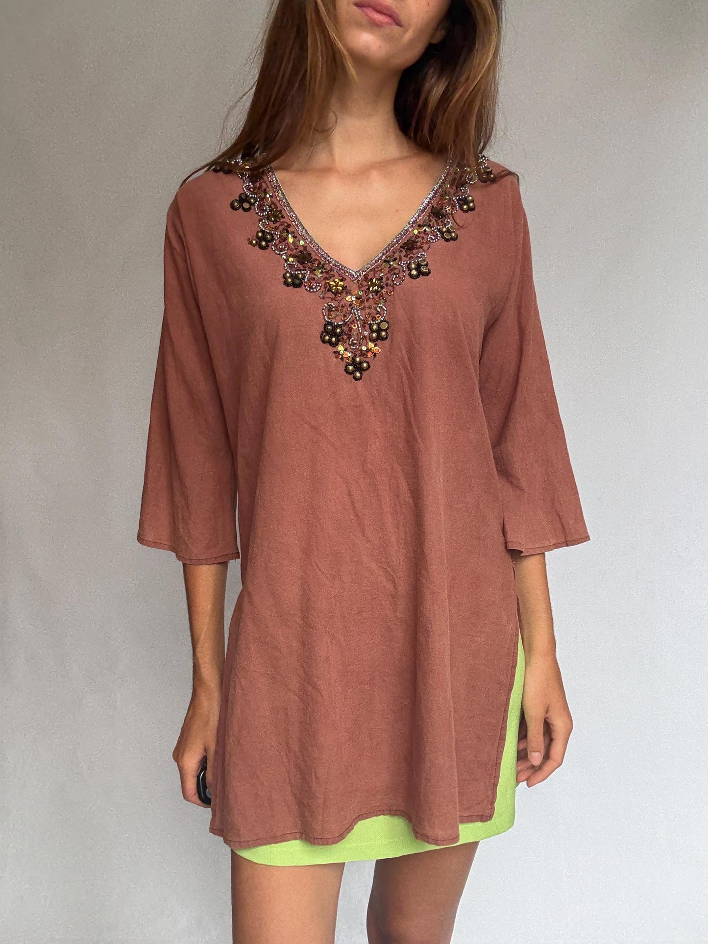 Beaded embellished cotton tunic by Hugo Samuel – rust brown boho v-neck top – 100% cotton – labeled L – detailed neckline
