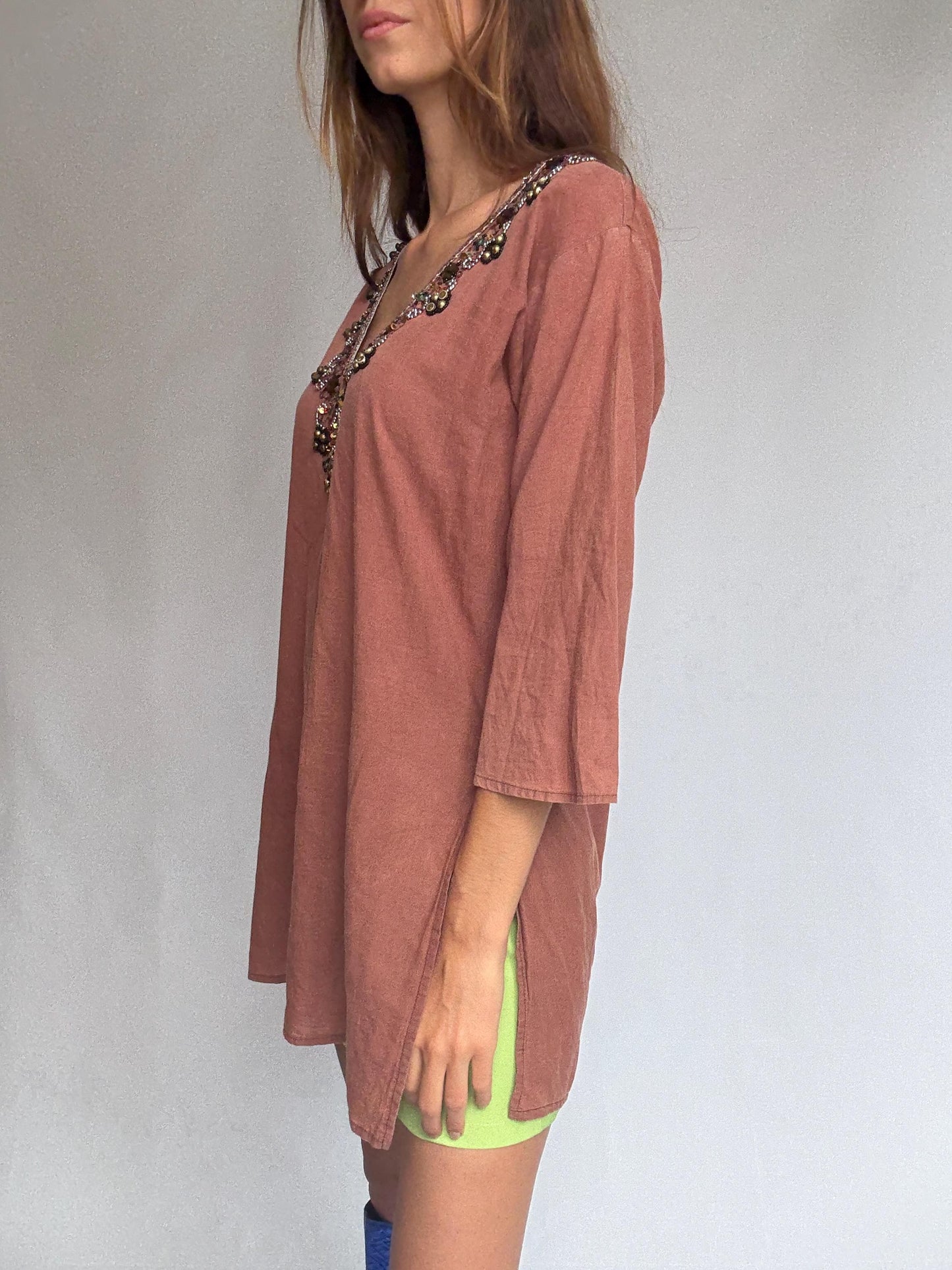 Beaded embellished cotton tunic by Hugo Samuel – rust brown boho v-neck top – 100% cotton – labeled L – detailed neckline