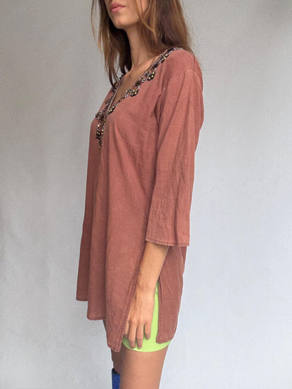 Rust Brown Beaded Cotton Tunic — additional view 5