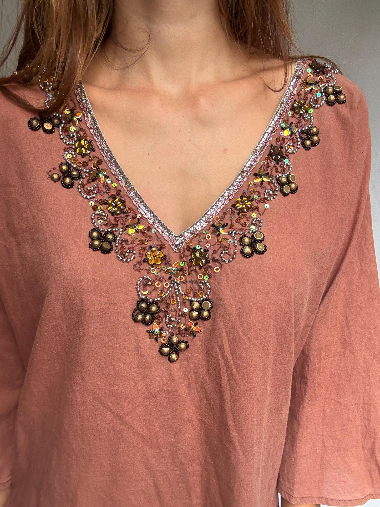Beaded embellished cotton tunic by Hugo Samuel – rust brown boho v-neck top – 100% cotton – labeled L – detailed neckline