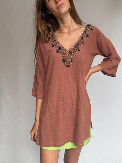 Rust Brown Beaded Cotton Tunic