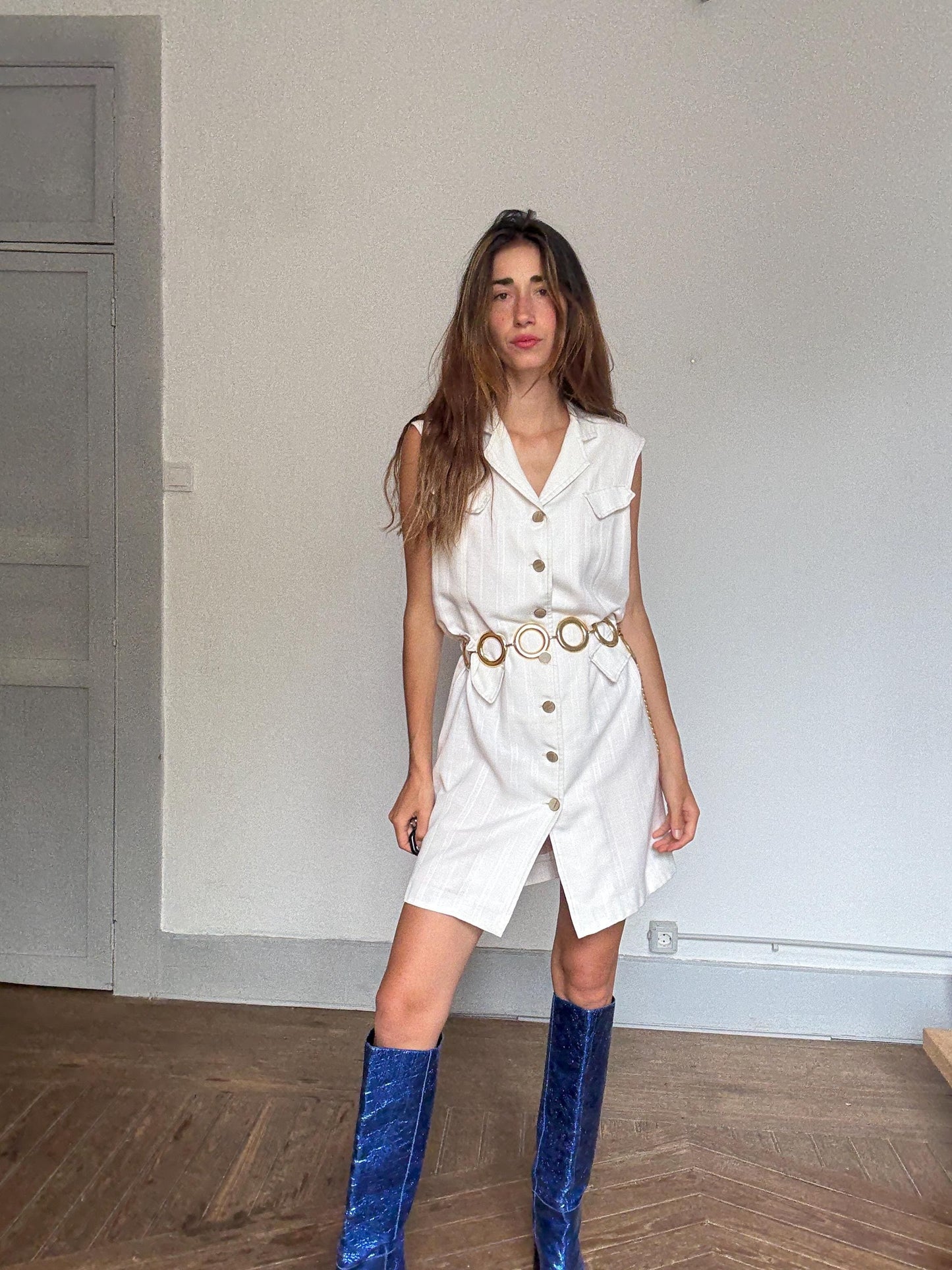 Vintage handmade ivory dress – M/L fit, sleeveless blazer cut, gold buttons, cotton feel, lined, oversized vest dress