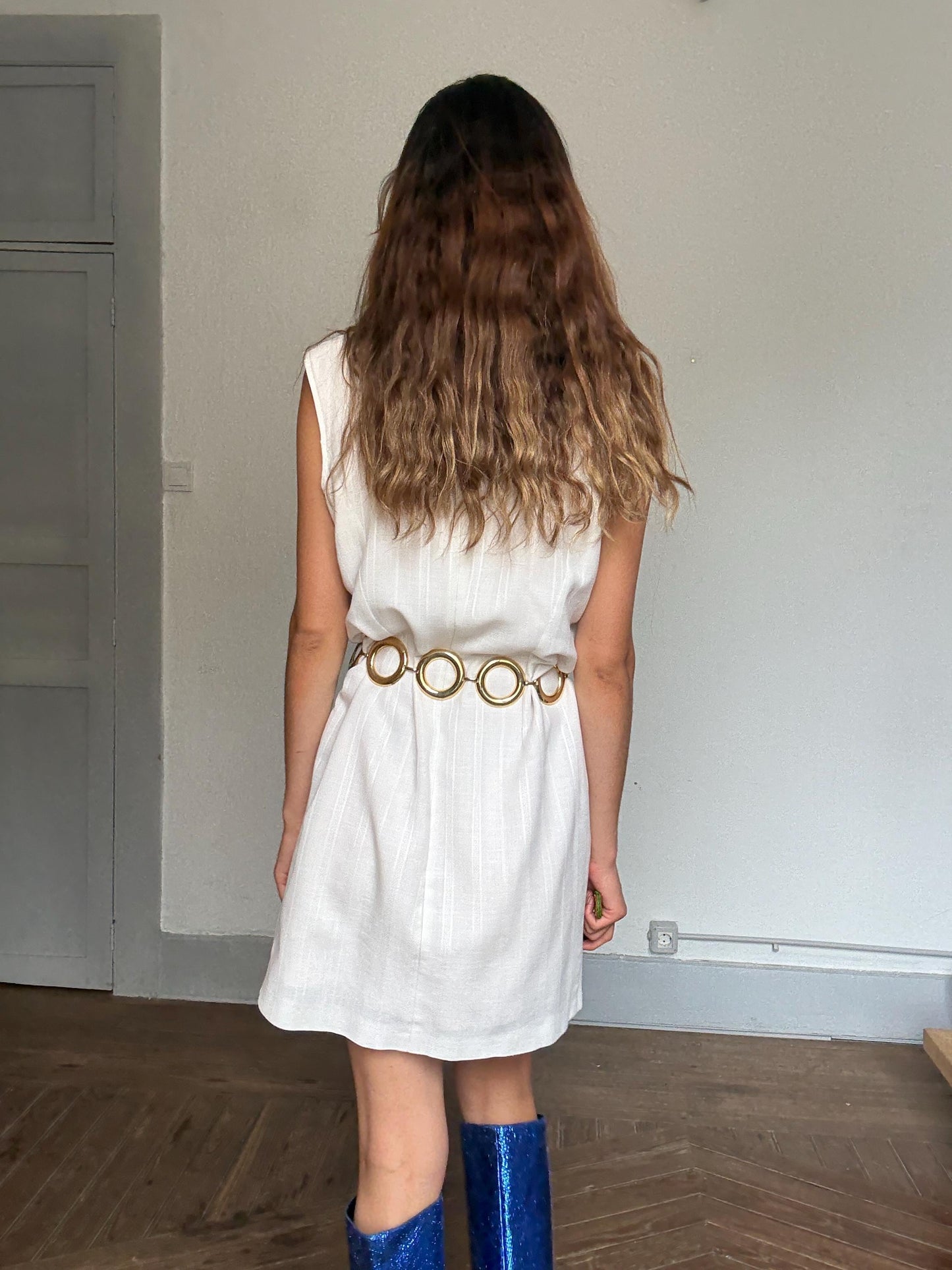 Vintage handmade ivory dress – M/L fit, sleeveless blazer cut, gold buttons, cotton feel, lined, oversized vest dress