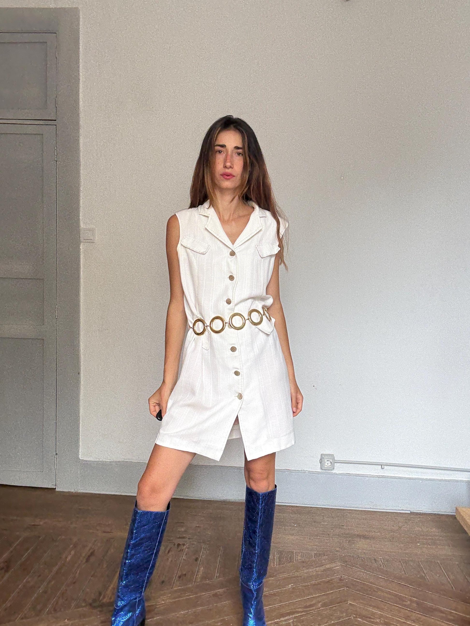 Vintage handmade ivory dress – M/L fit, sleeveless blazer cut, gold buttons, cotton feel, lined, oversized vest dress