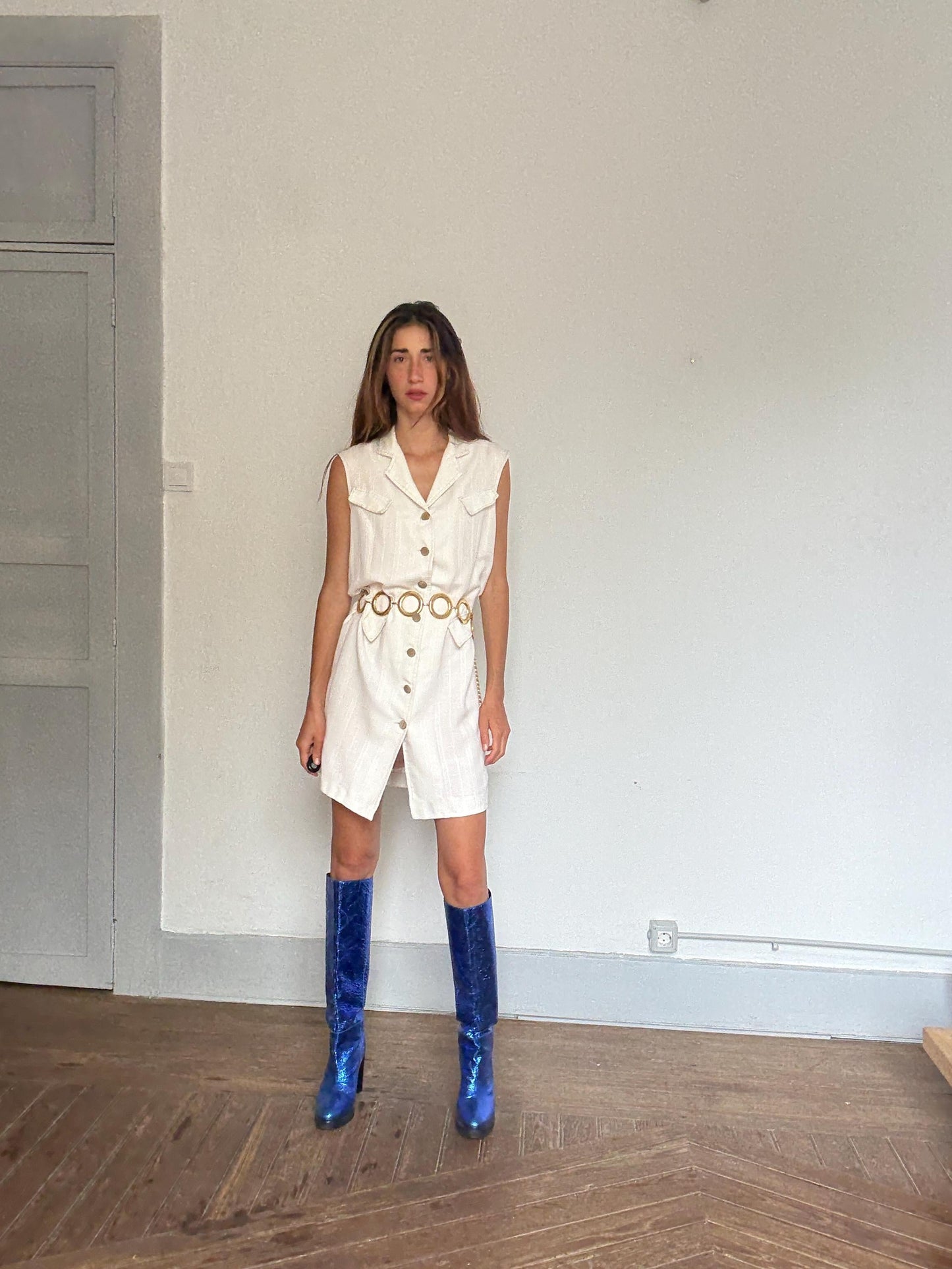 Vintage handmade ivory dress – M/L fit, sleeveless blazer cut, gold buttons, cotton feel, lined, oversized vest dress