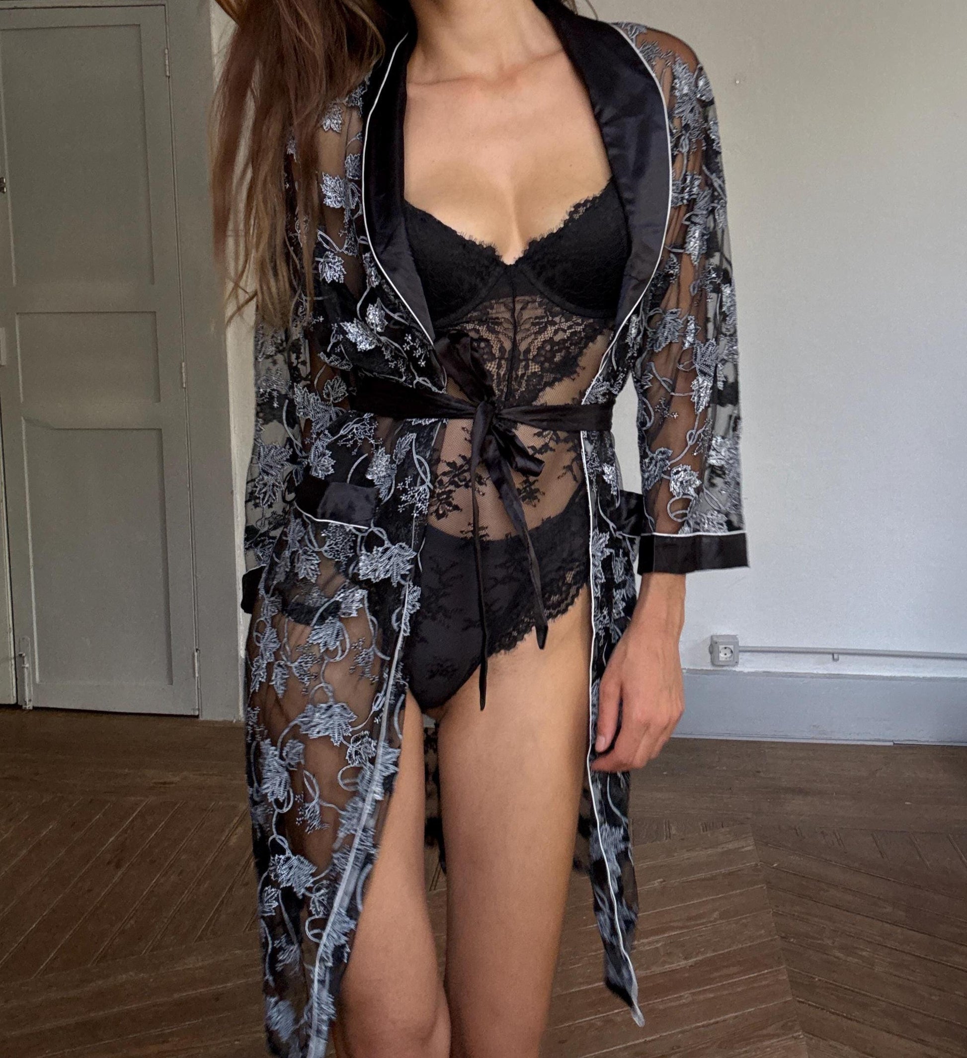 Vintage Sheer Black Floral Robe with Satin Trim | Lingerie Cover Up | Size XL