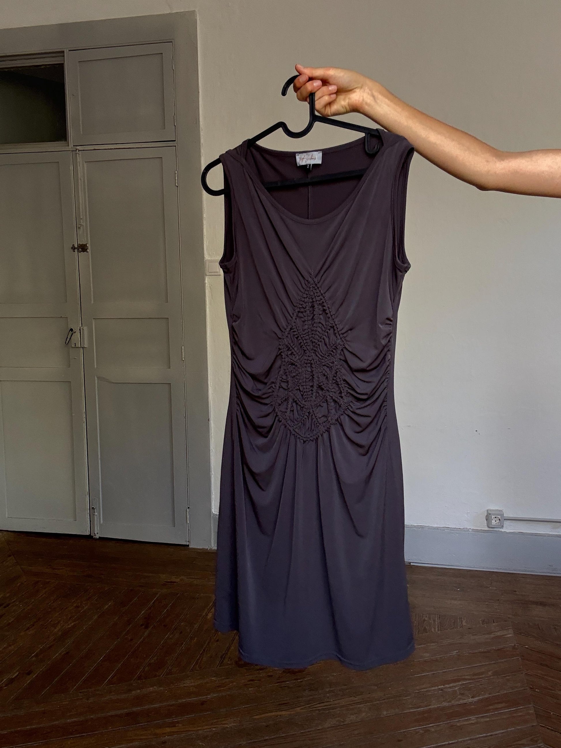 Jeff Gallano stretch ruched bodycon dress – FR 34 / US 2, made in France, vintage luxury, sculpting fit, dark taupe