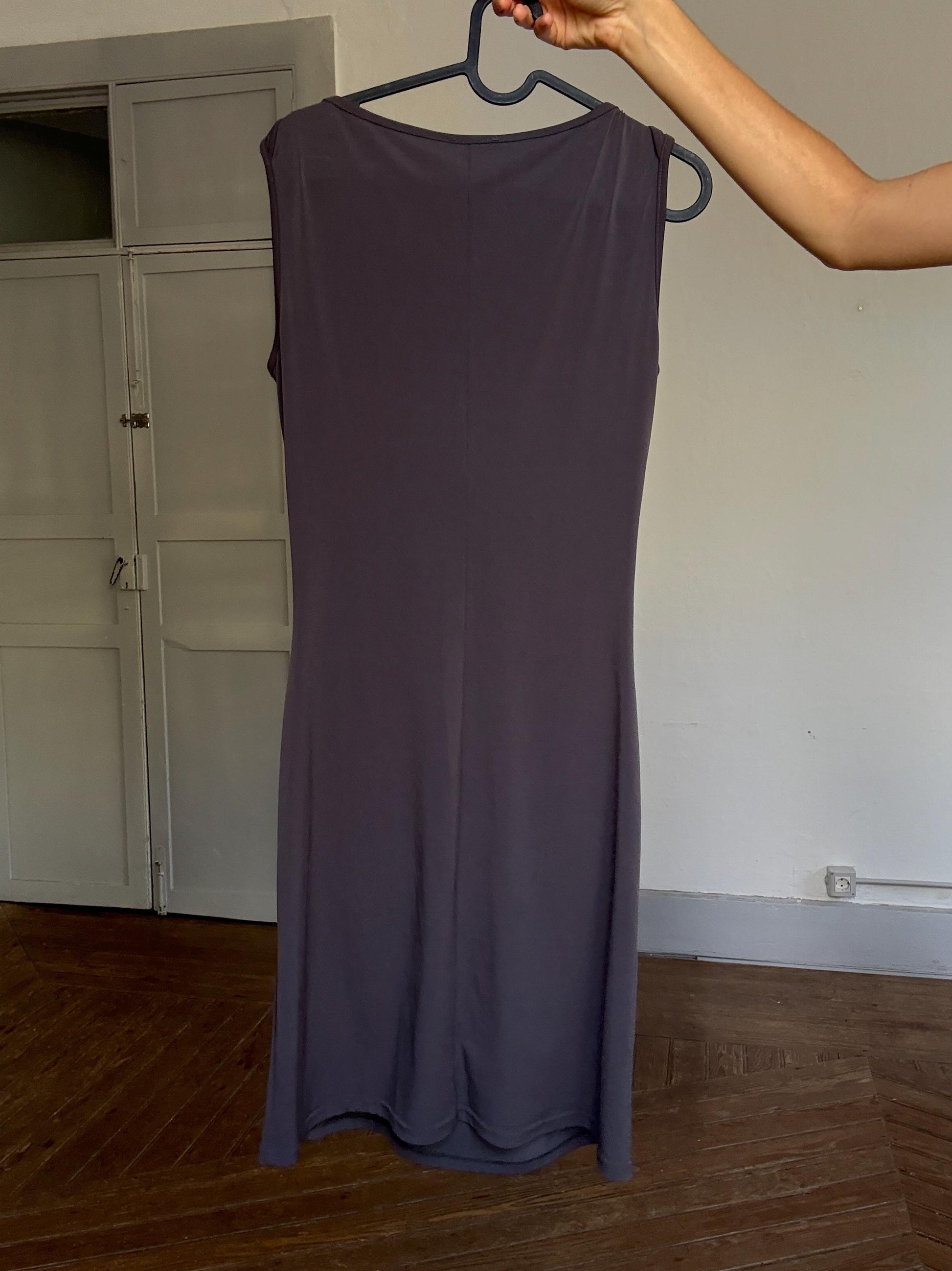 Jeff Gallano stretch ruched bodycon dress – FR 34 / US 2, made in France, vintage luxury, sculpting fit, dark taupe