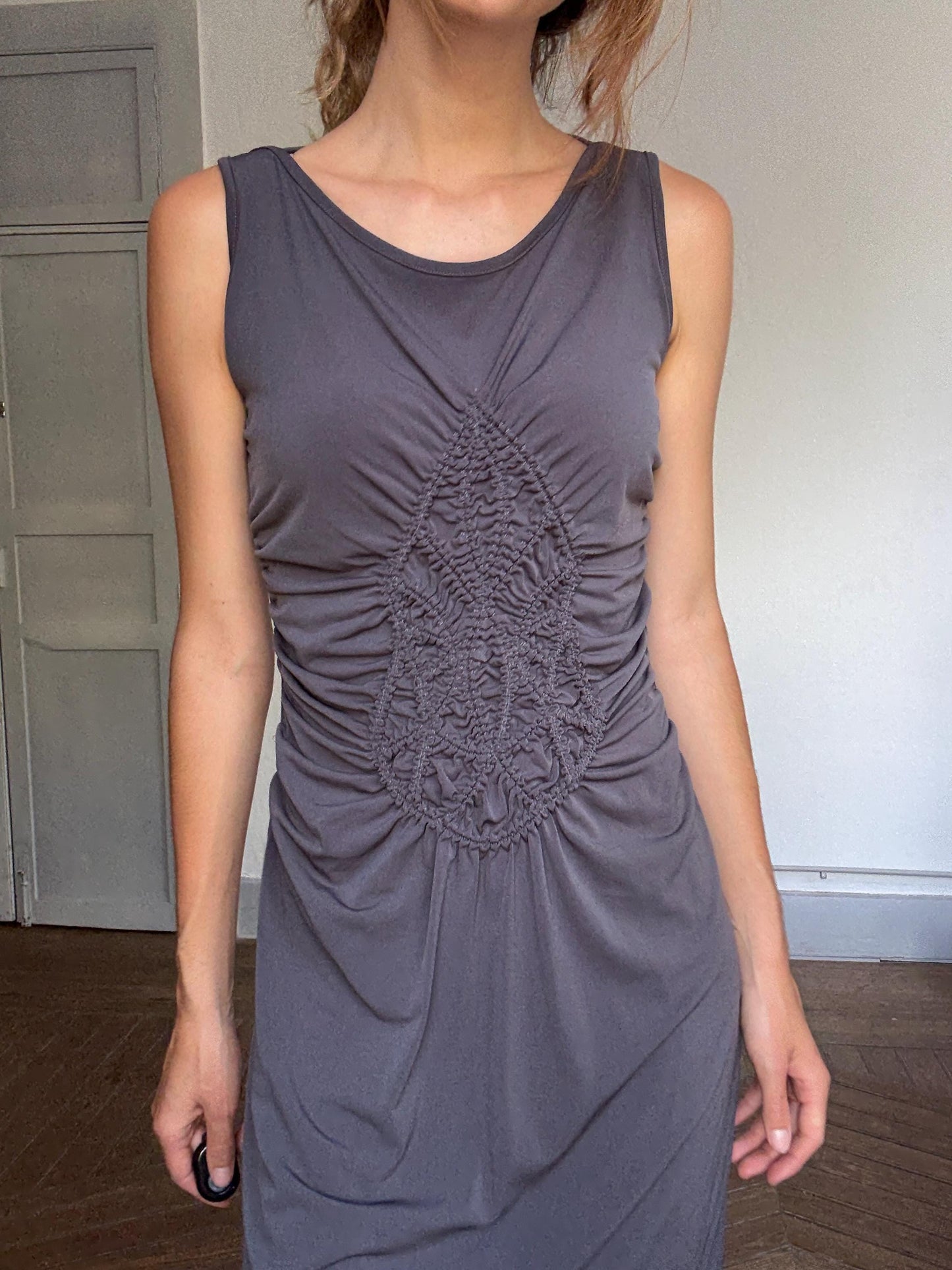 Jeff Gallano stretch ruched bodycon dress – FR 34 / US 2, made in France, vintage luxury, sculpting fit, dark taupe