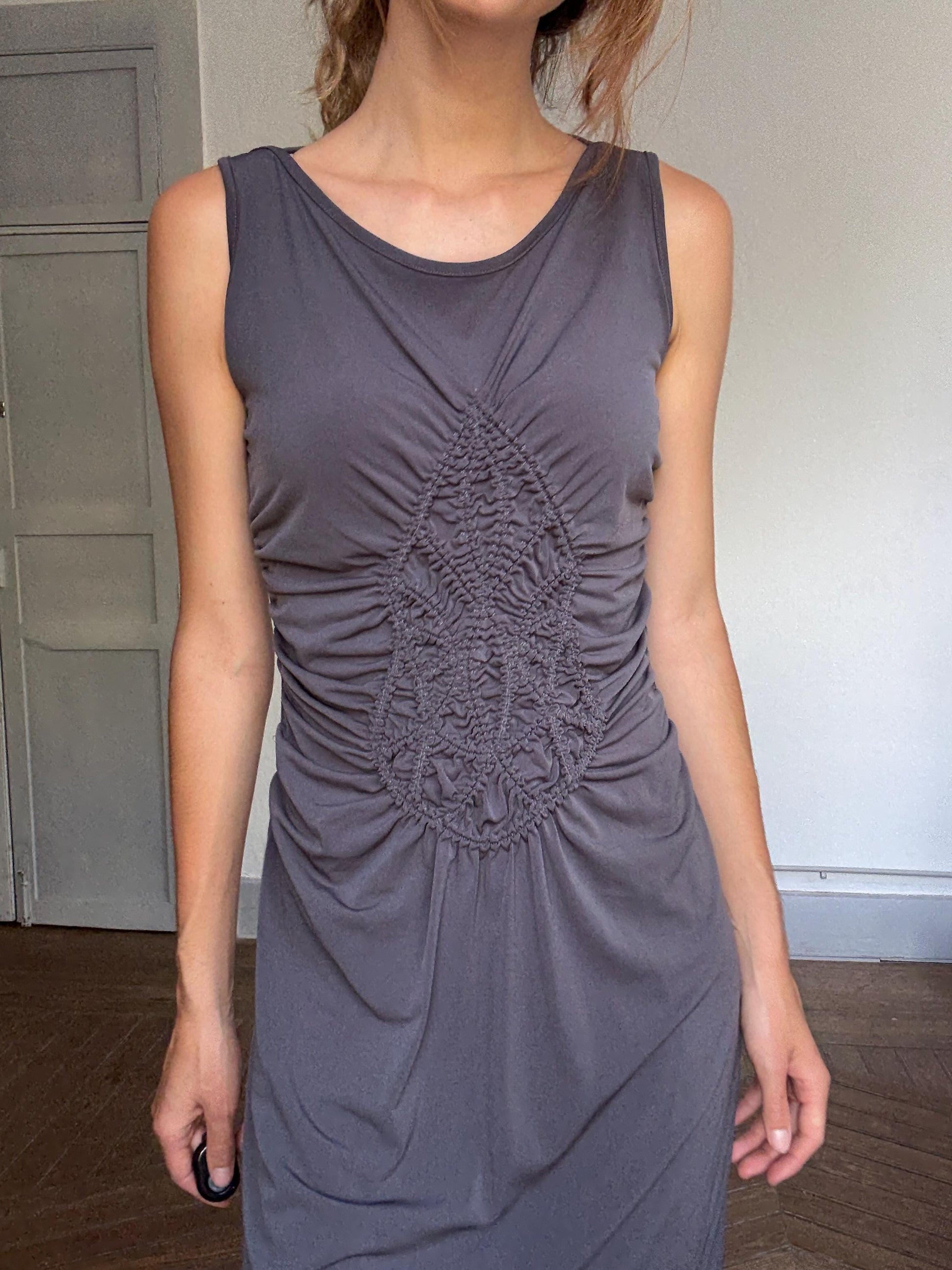 Jeff Gallano stretch ruched bodycon dress – FR 34 / US 2, made in France, vintage luxury, sculpting fit, dark taupe