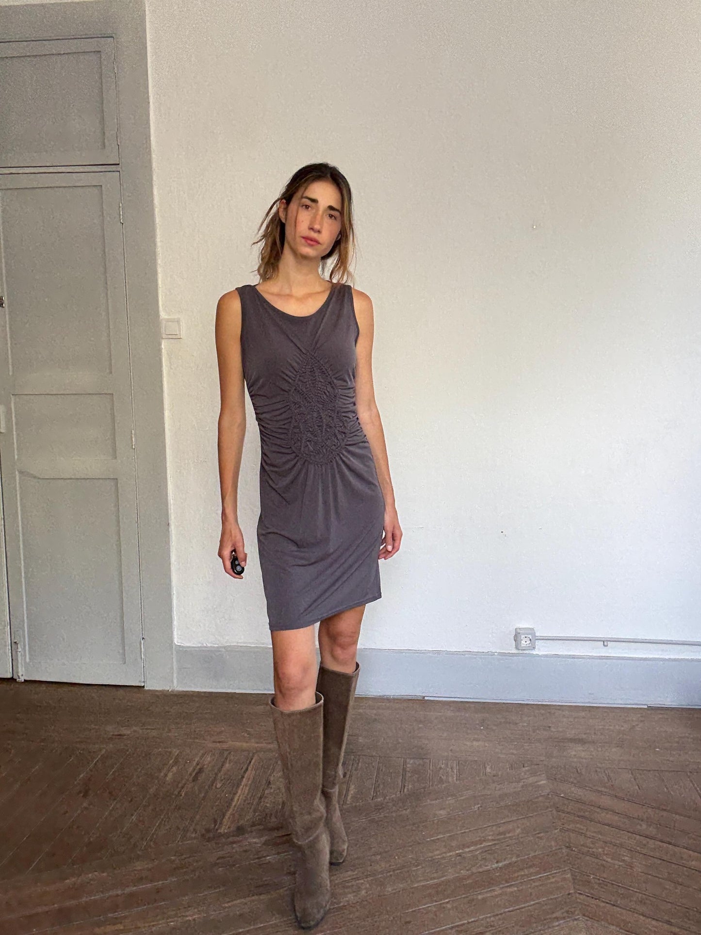 Jeff Gallano stretch ruched bodycon dress – FR 34 / US 2, made in France, vintage luxury, sculpting fit, dark taupe