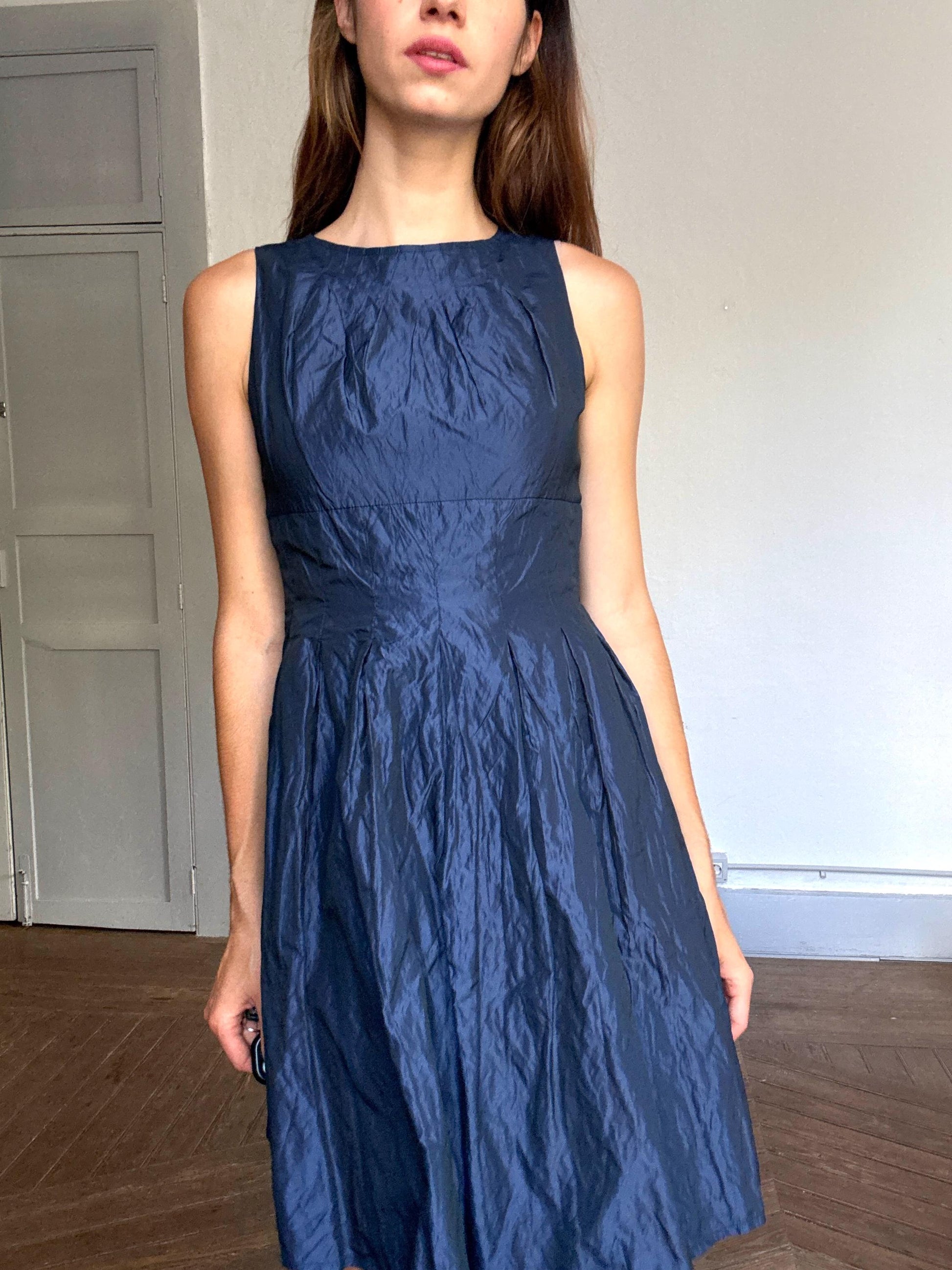 Adolfo Domínguez Vintage Blue Shimmer Dress – Metallic Look, Minimalist Aesthetic, Size S-M