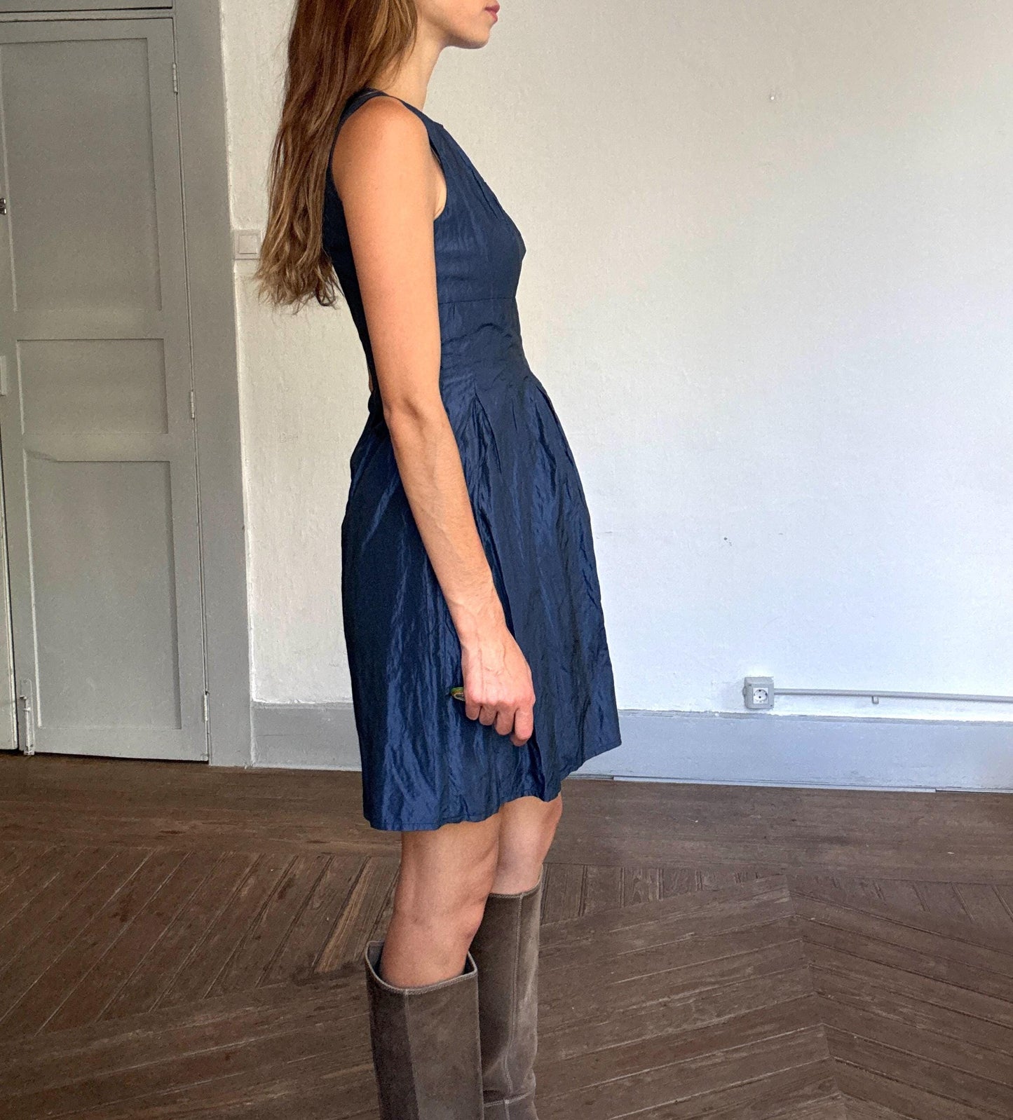 Adolfo Domínguez Vintage Blue Shimmer Dress – Metallic Look, Minimalist Aesthetic, Size S-M