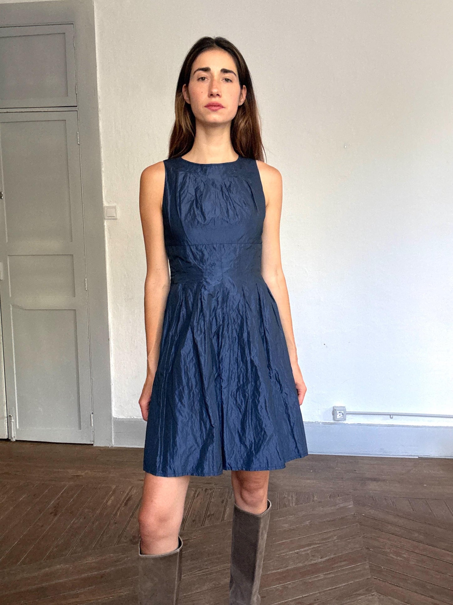 Adolfo Domínguez Vintage Blue Shimmer Dress – Metallic Look, Minimalist Aesthetic, Size S-M