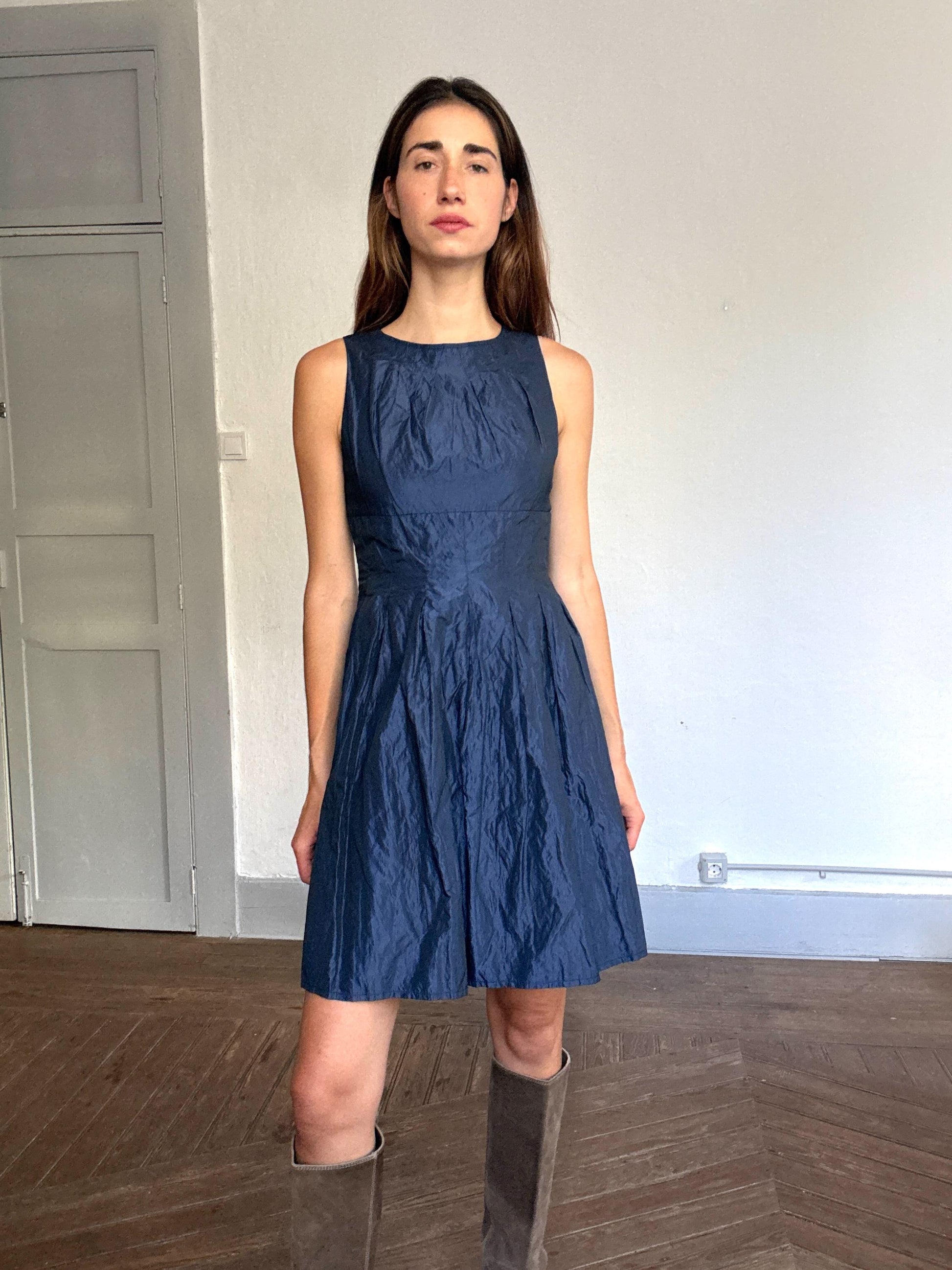 Adolfo Domínguez Vintage Blue Shimmer Dress – Metallic Look, Minimalist Aesthetic, Size S-M