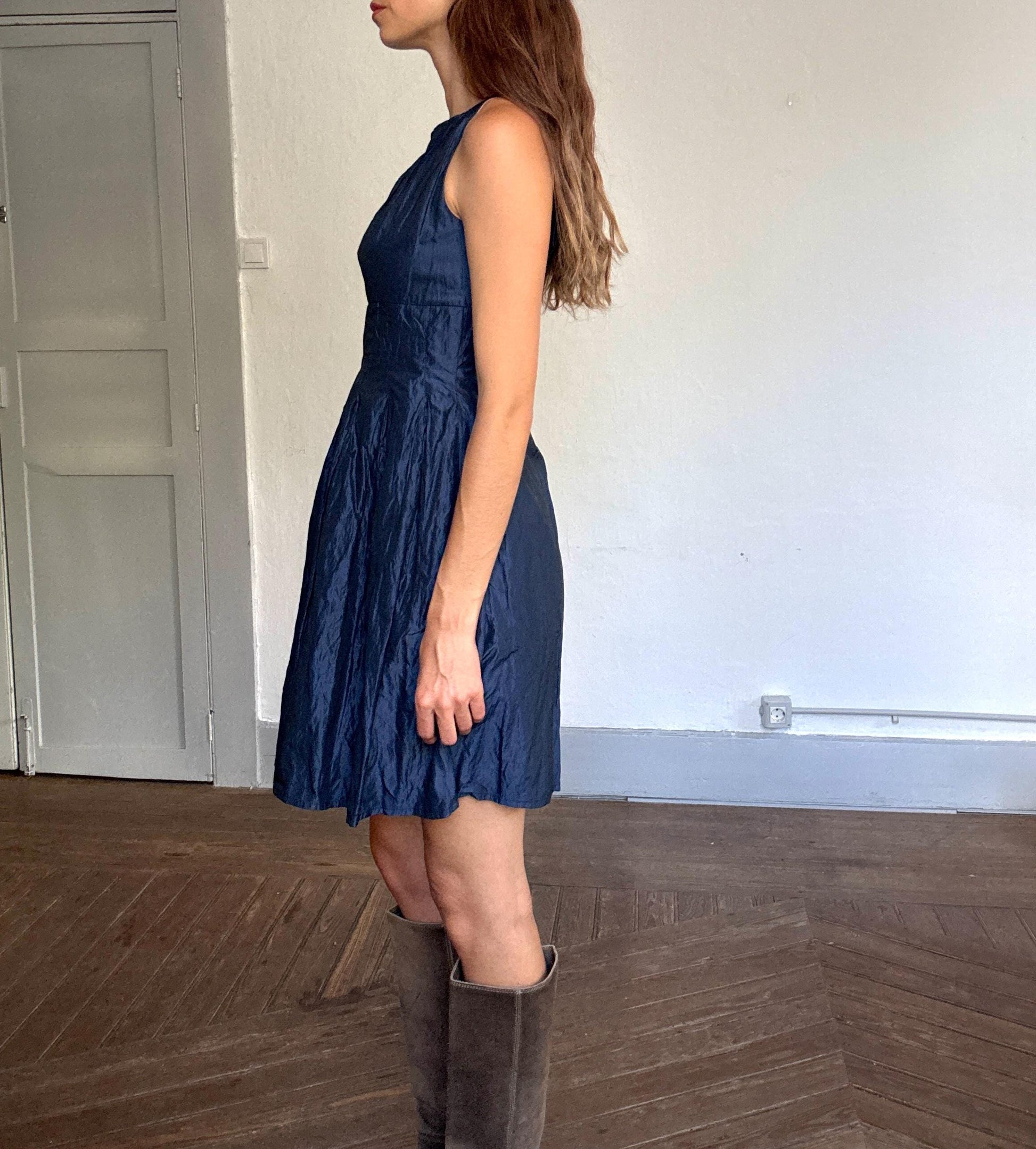 Adolfo Domínguez Vintage Blue Shimmer Dress – Metallic Look, Minimalist Aesthetic, Size S-M