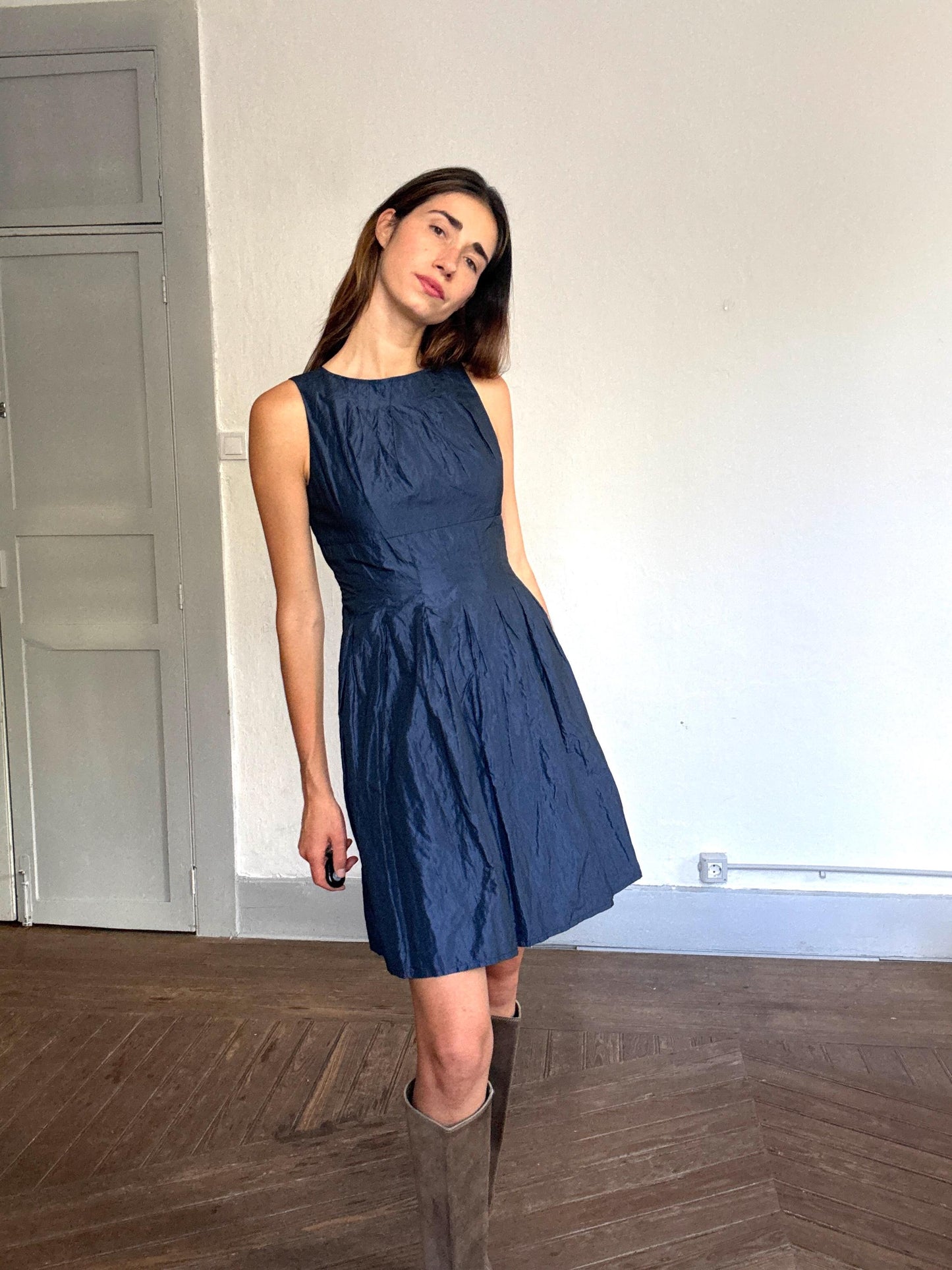 Adolfo Domínguez Vintage Blue Shimmer Dress – Metallic Look, Minimalist Aesthetic, Size S-M