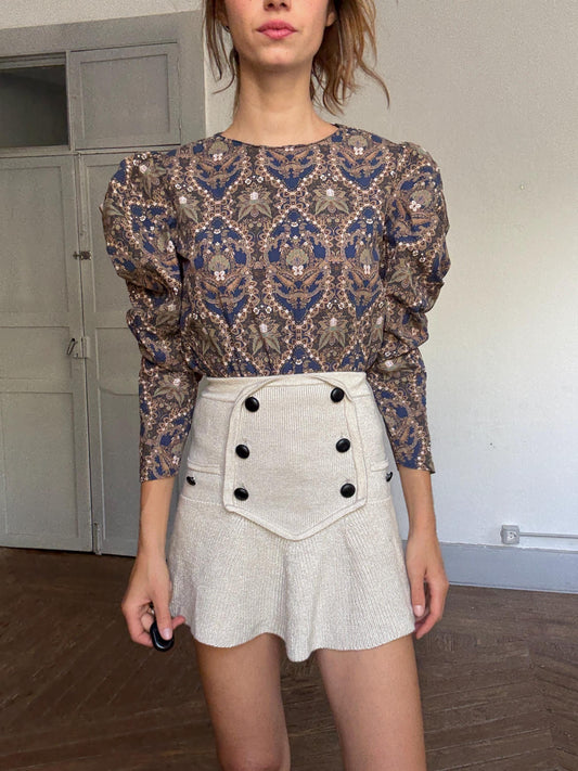 Simona Corsellini Vintage Baroque Print Puff Sleeve Top – Open Back Cutout, 100% Cotton, Size S-M